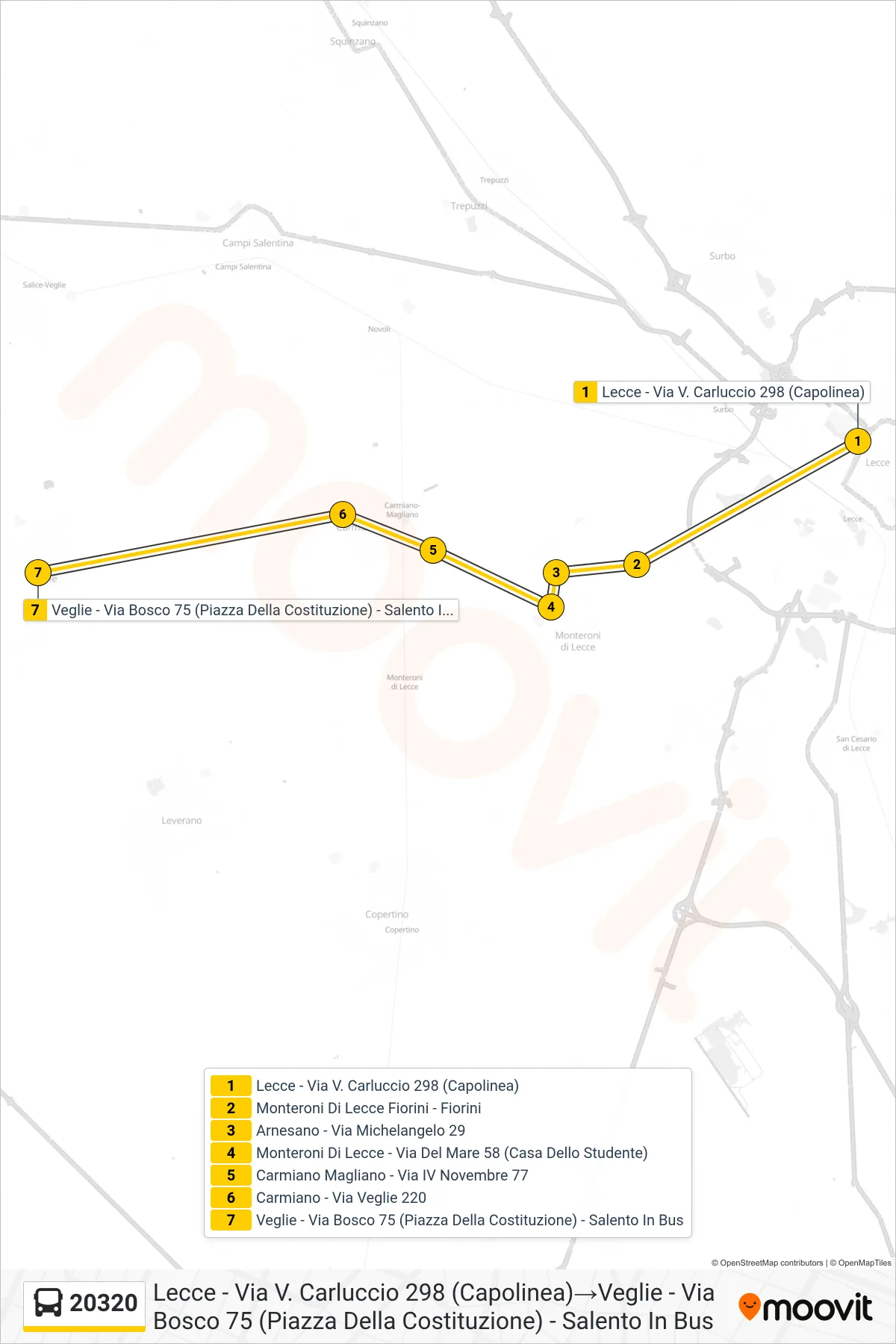 Linea 20320 bus (Lecce - Via V. Carluccio 298 (Capolinea)→Veglie - Via Bosco 75 (Piazza Della Costituzione) - Salento In Bus) - Percorsi e fermate sulla mappa