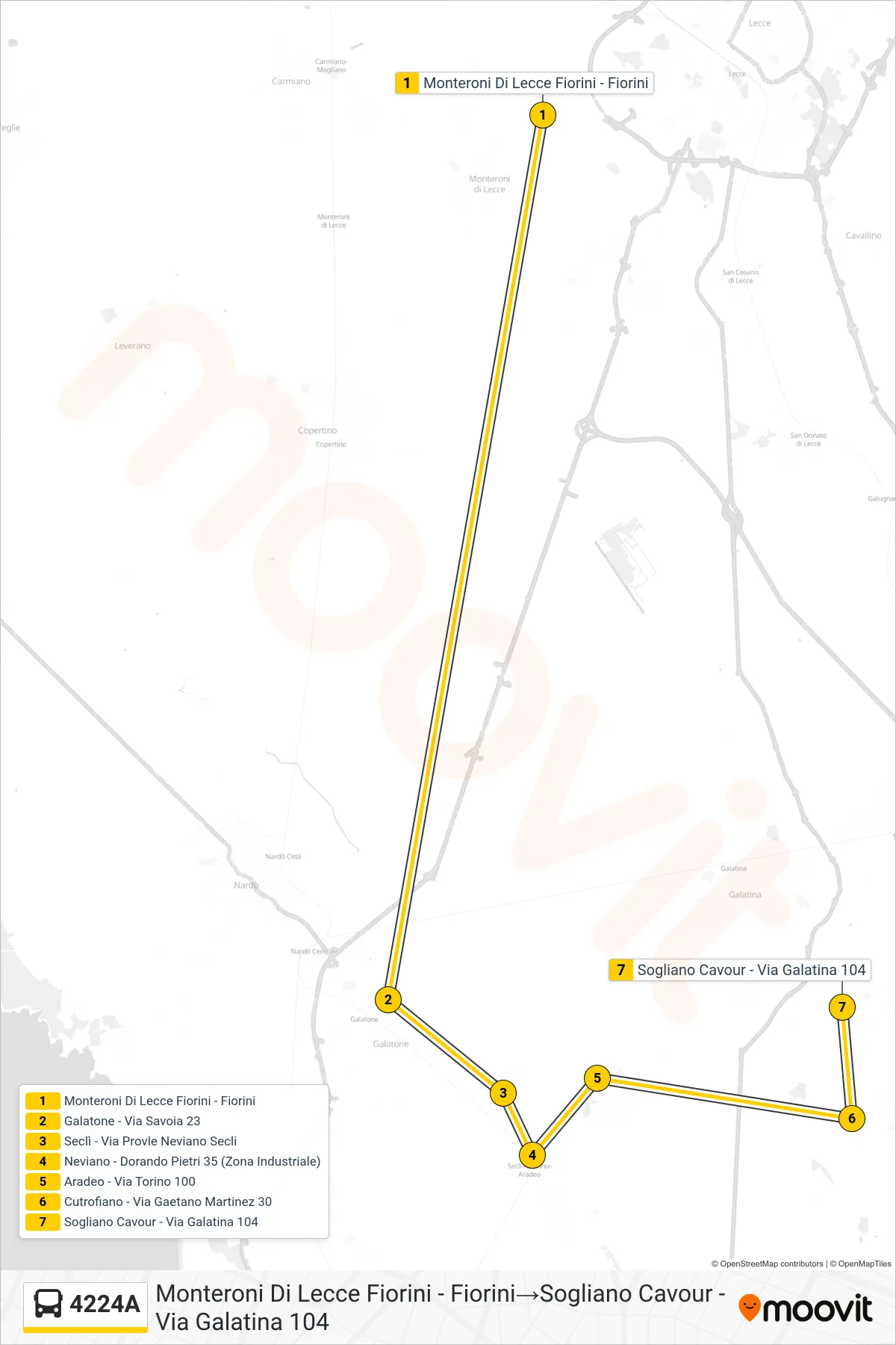 Linea 4224A bus (Monteroni Di Lecce Fiorini - Fiorini→Sogliano Cavour - Via Galatina 104) - Percorsi e fermate sulla mappa