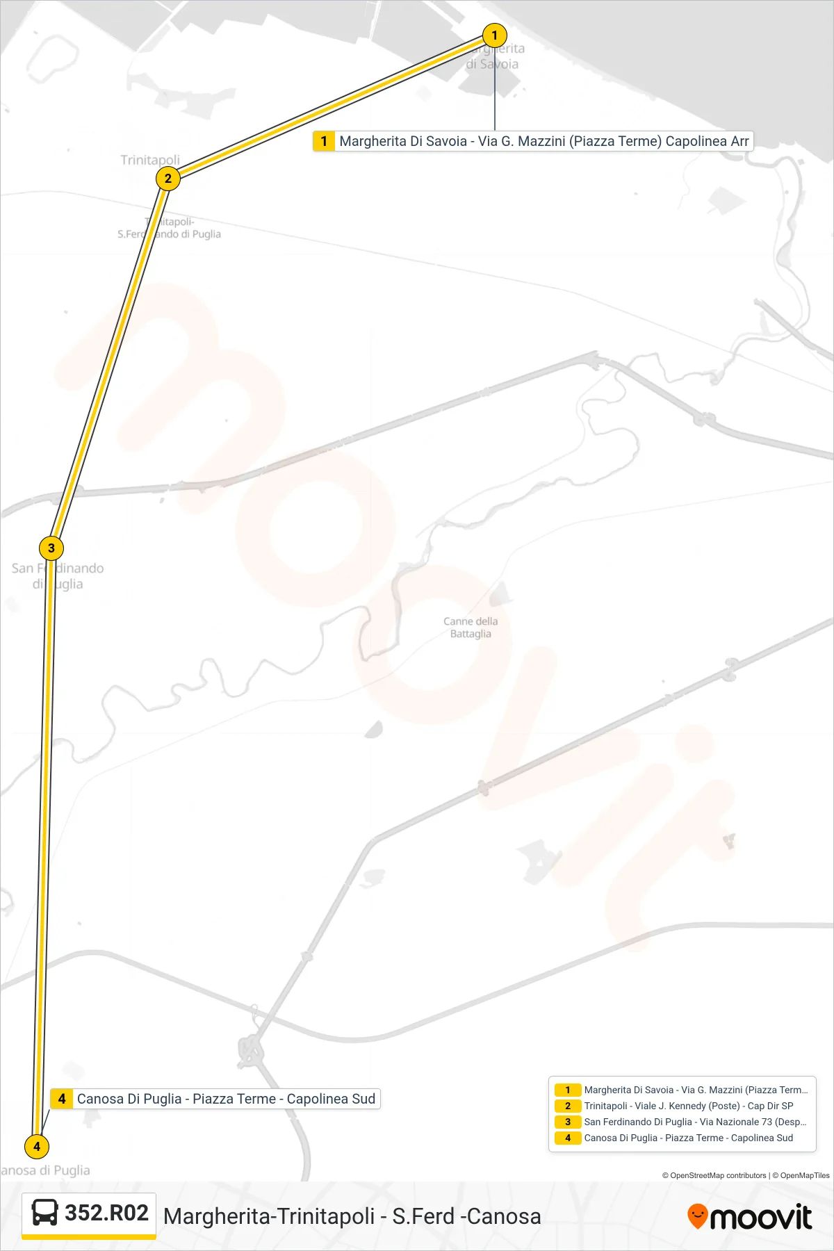 Linea 352.R02 bus (Margherita Di Savoia - Via G. Mazzini (Piazza Terme) Capolinea Arr→Canosa Di Puglia - Piazza Terme - Capolinea Sud) - Percorsi e fermate sulla mappa