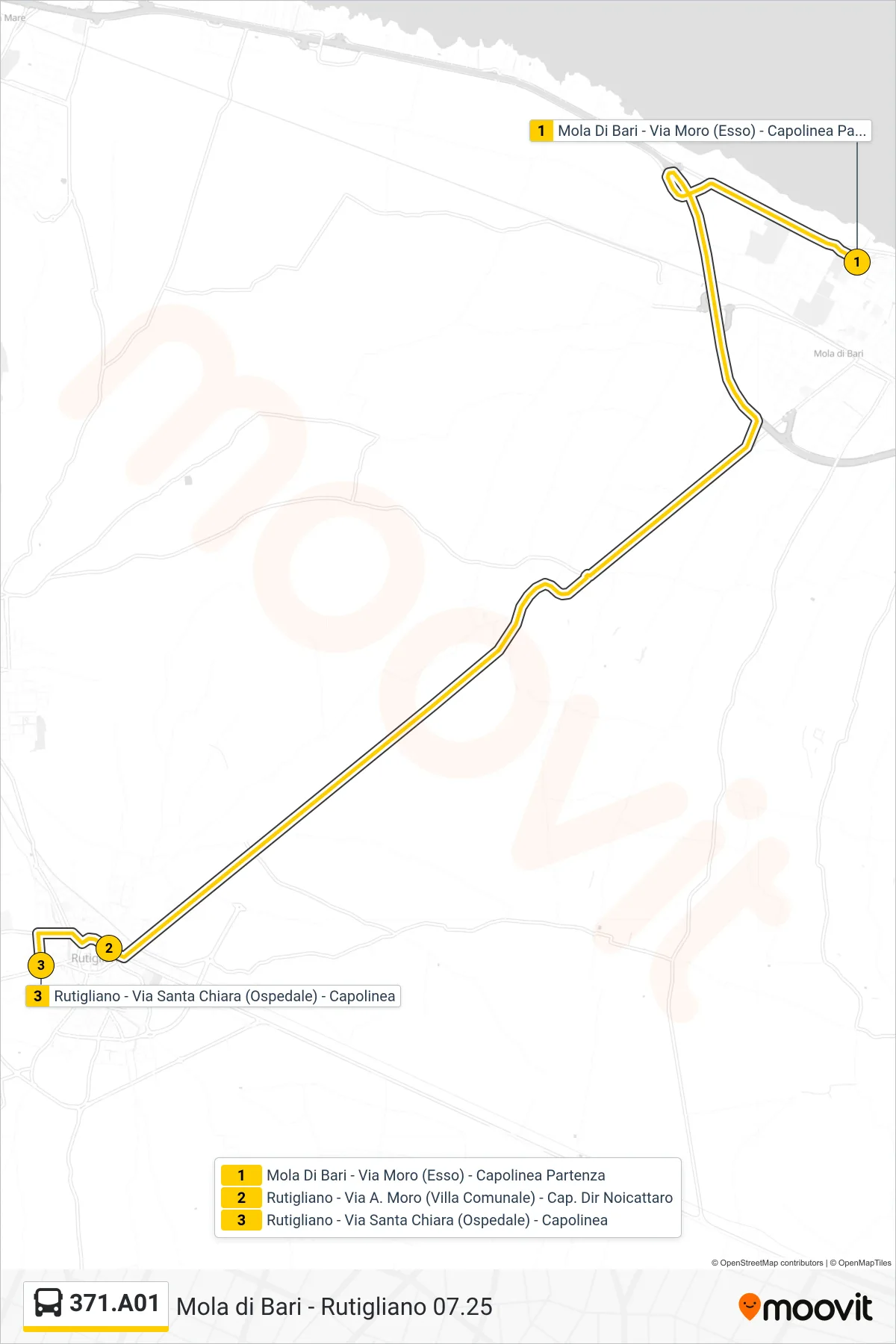 Linea 371.A01  bus (Mola Di Bari - Via Moro (Esso) - Capolinea Partenza‎→Rutigliano - Via Santa Chiara (Ospedale) - Capolinea) - Percorsi e fermate sulla mappa