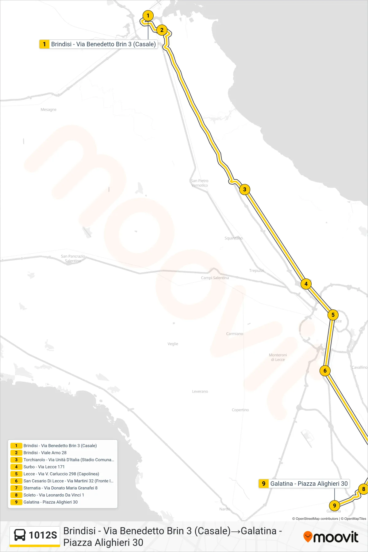 Linea 1012S  bus (Brindisi - Via Benedetto Brin 3 (Casale)‎→Galatina - Piazza Alighieri 30) - Percorsi e fermate sulla mappa