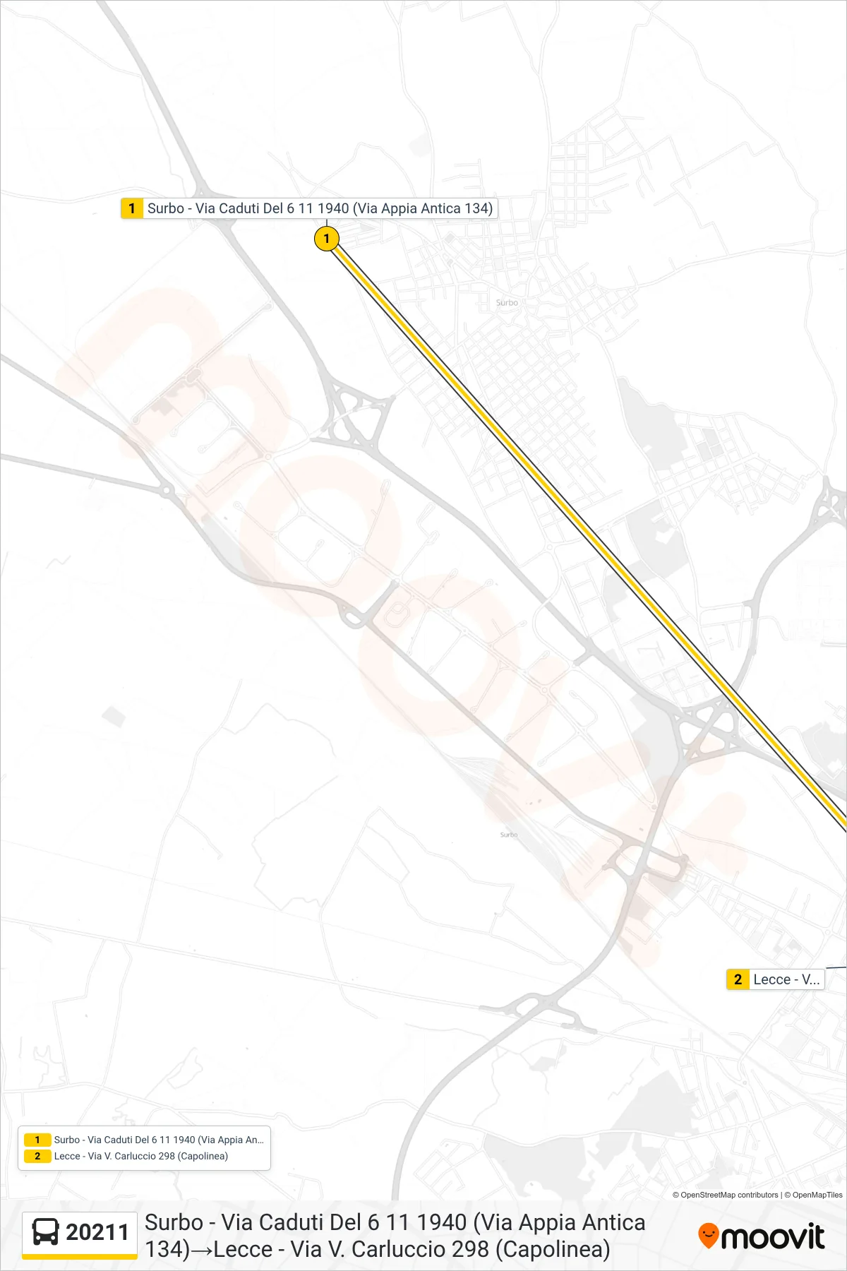 Linea 20211  bus (Surbo - Via Caduti Del 6 11 1940 (Via Appia Antica 134)‎→Lecce - Via V. Carluccio 298 (Capolinea)) - Percorsi e fermate sulla mappa