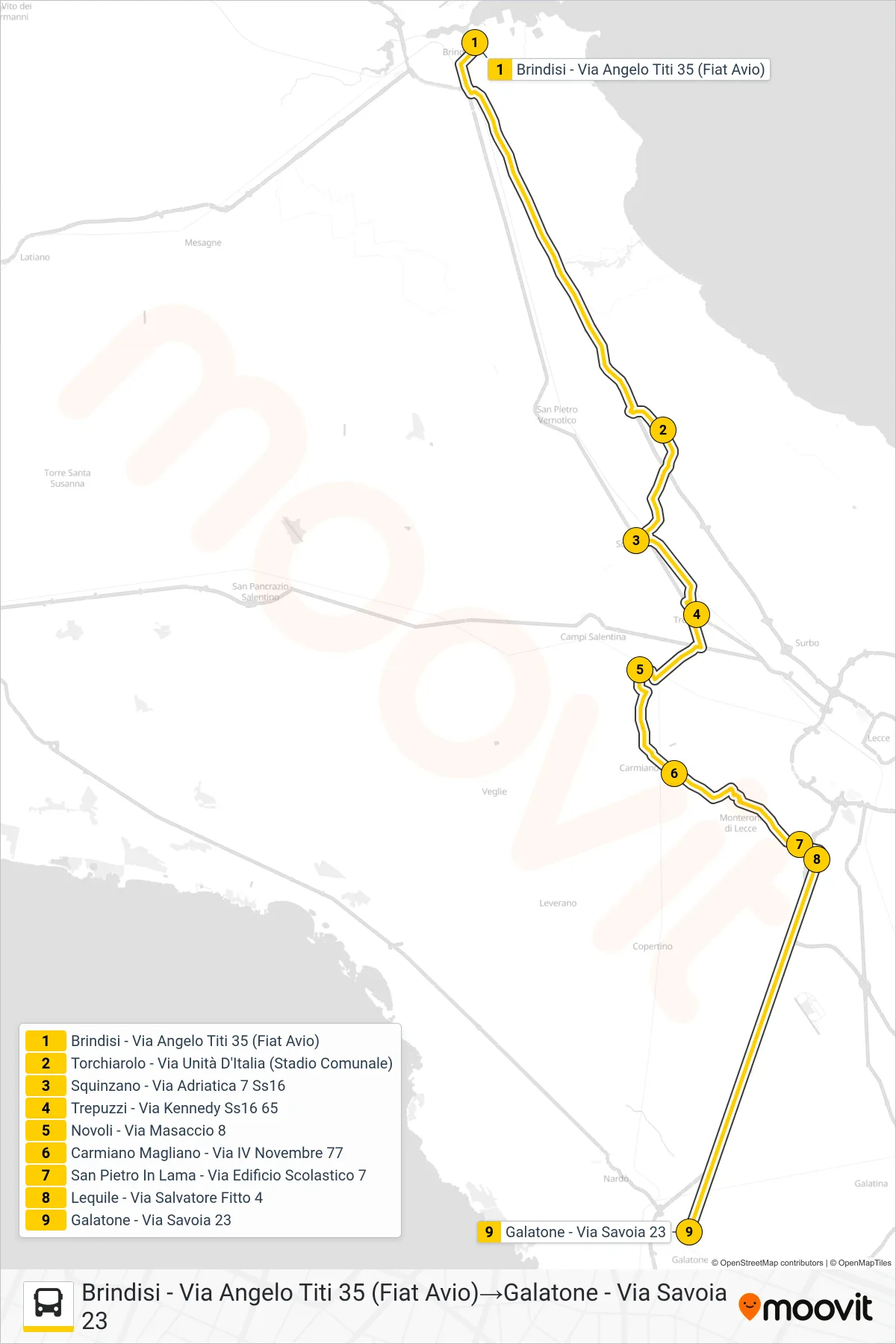 Linea 10018 - 1 bus (Brindisi - Via Angelo Titi 35 (Fiat Avio)→Galatone - Via Savoia 23) - Percorsi e fermate sulla mappa