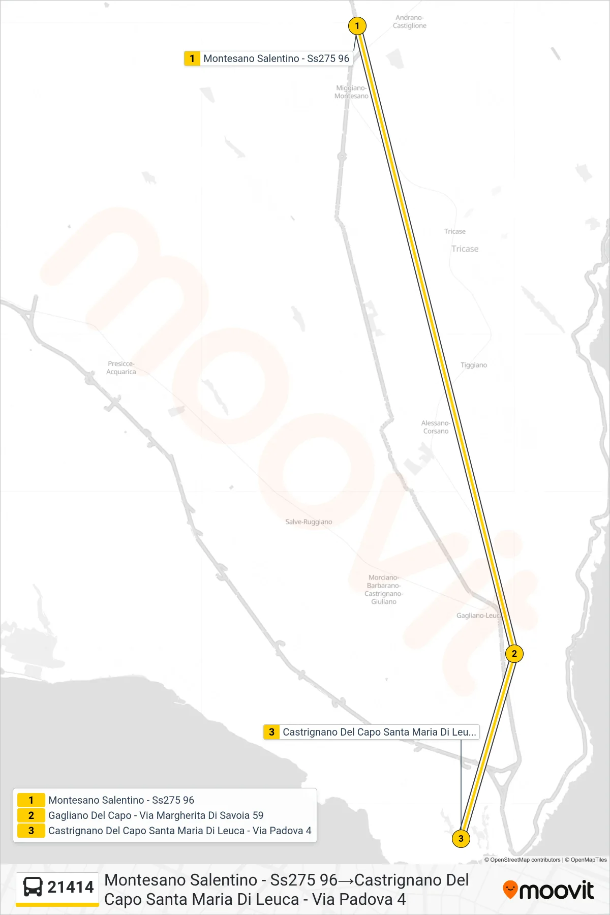 Linea 21414 bus (Montesano Salentino - Ss275 96→Castrignano Del Capo Santa Maria Di Leuca - Via Padova 4) - Percorsi e fermate sulla mappa