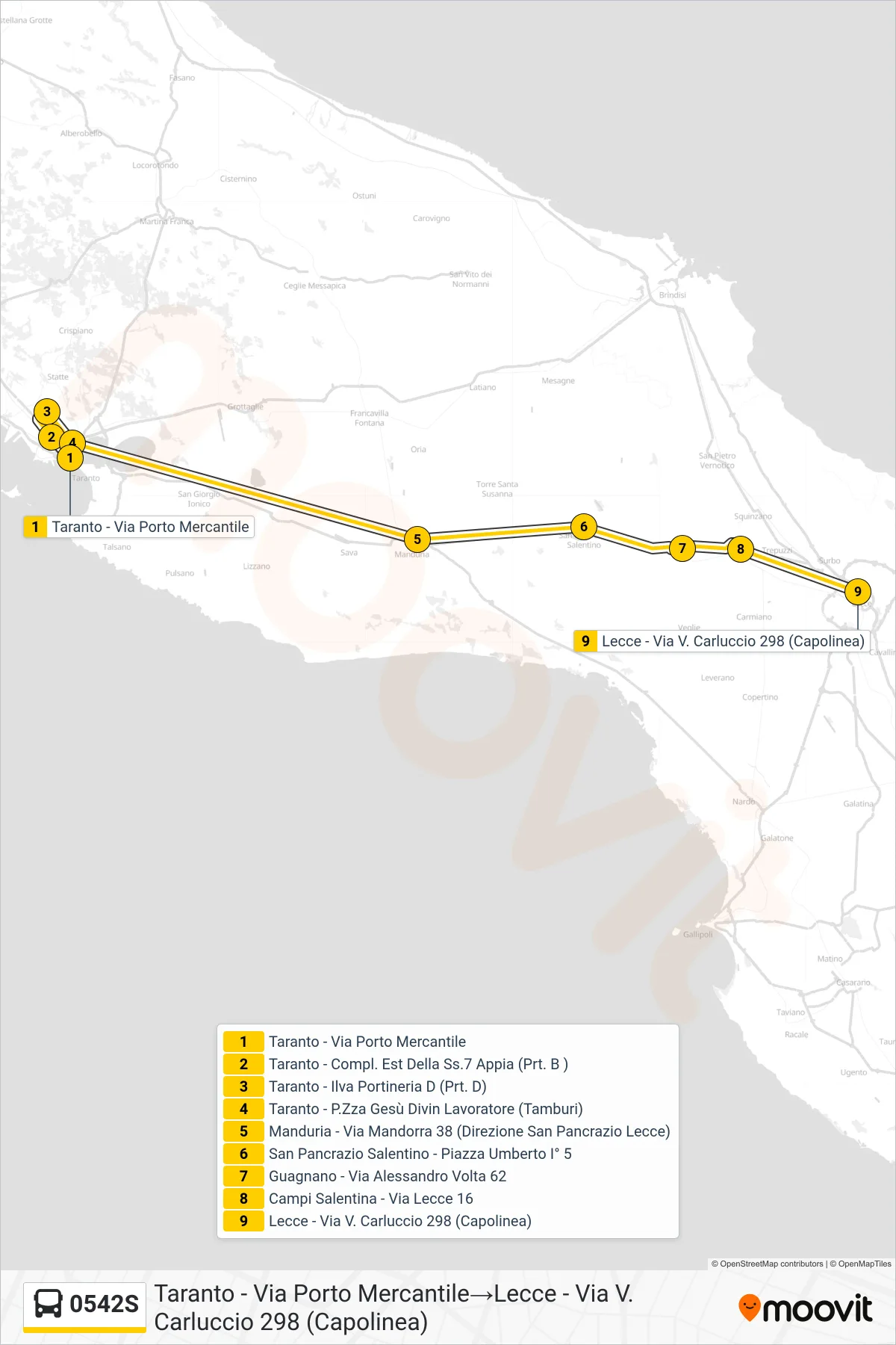 Linea 0542S bus (Taranto - Via Porto Mercantile→Lecce - Via V. Carluccio 298 (Capolinea)) - Percorsi e fermate sulla mappa