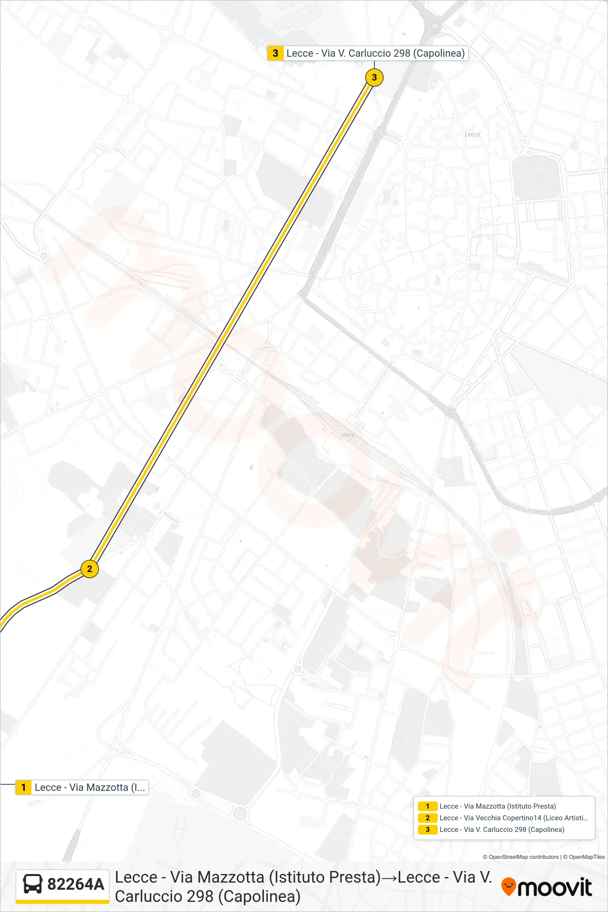 Linea 82264A bus (Lecce - Via Mazzotta (Istituto Presta)→Lecce - Via V. Carluccio 298 (Capolinea)) - Percorsi e fermate sulla mappa