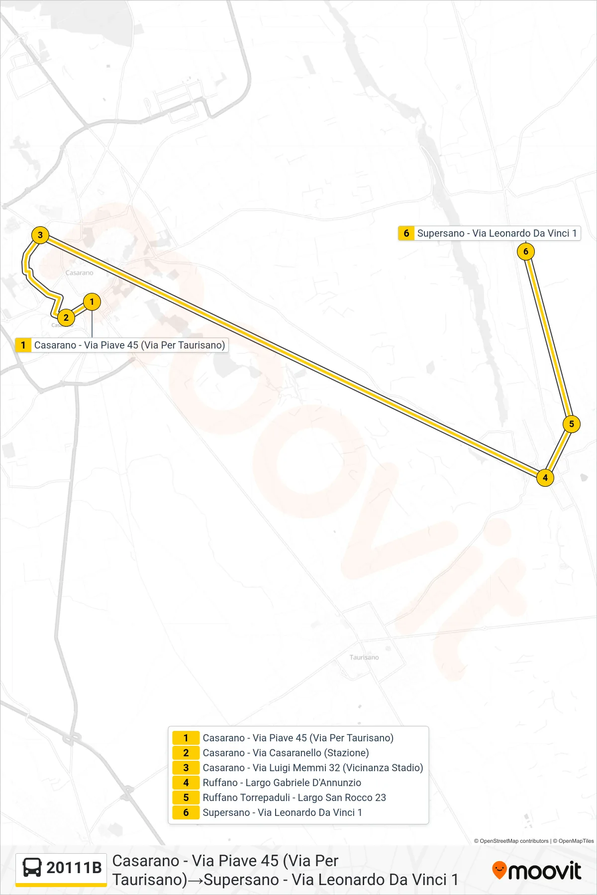 Linea 20111B  bus (Casarano - Via Piave 45 (Via Per Taurisano)‎→Supersano - Via Leonardo Da Vinci 1) - Percorsi e fermate sulla mappa