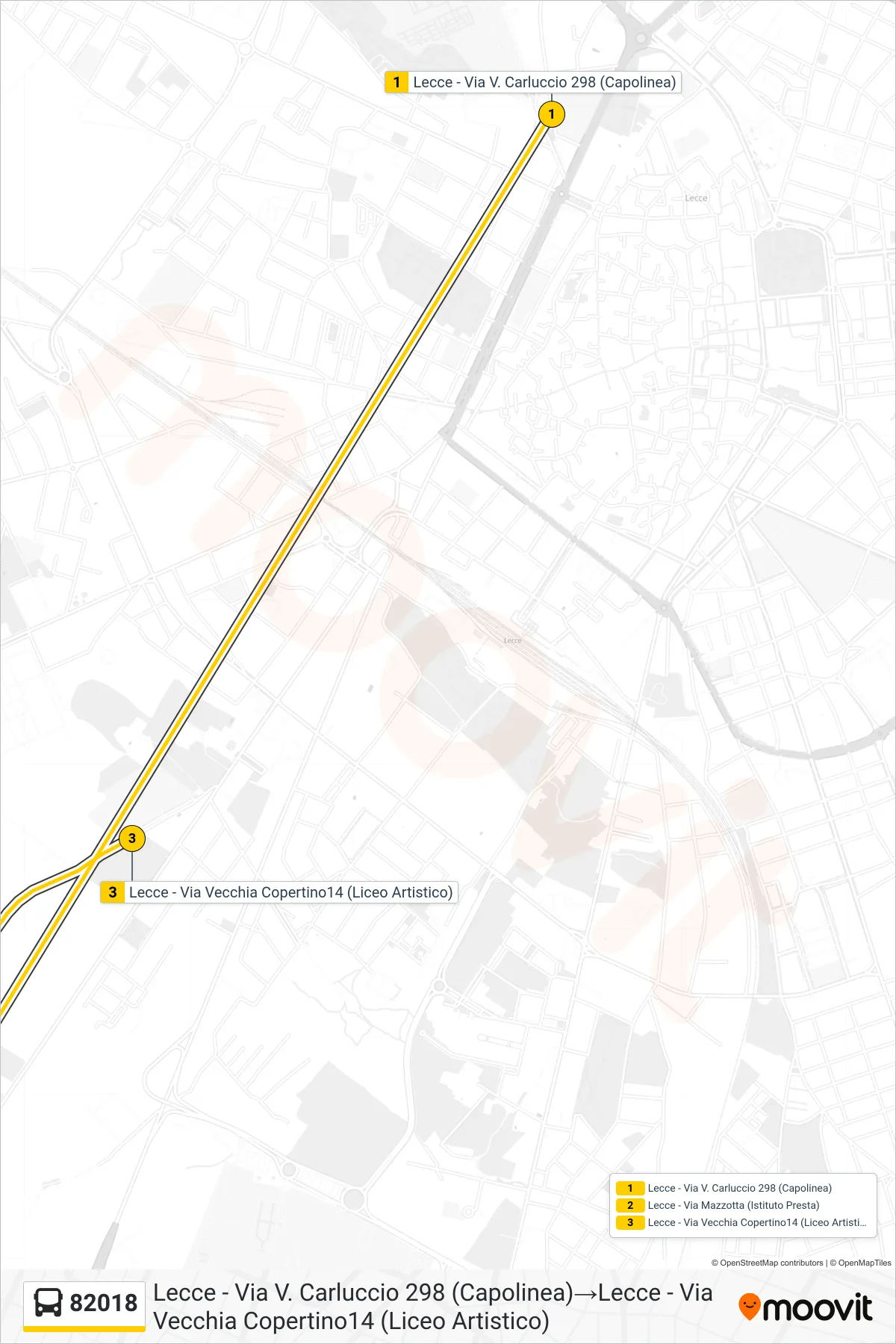 Linea 82018  bus (Lecce - Via V. Carluccio 298 (Capolinea)‎→Lecce - Via Vecchia Copertino14 (Liceo Artistico)) - Percorsi e fermate sulla mappa