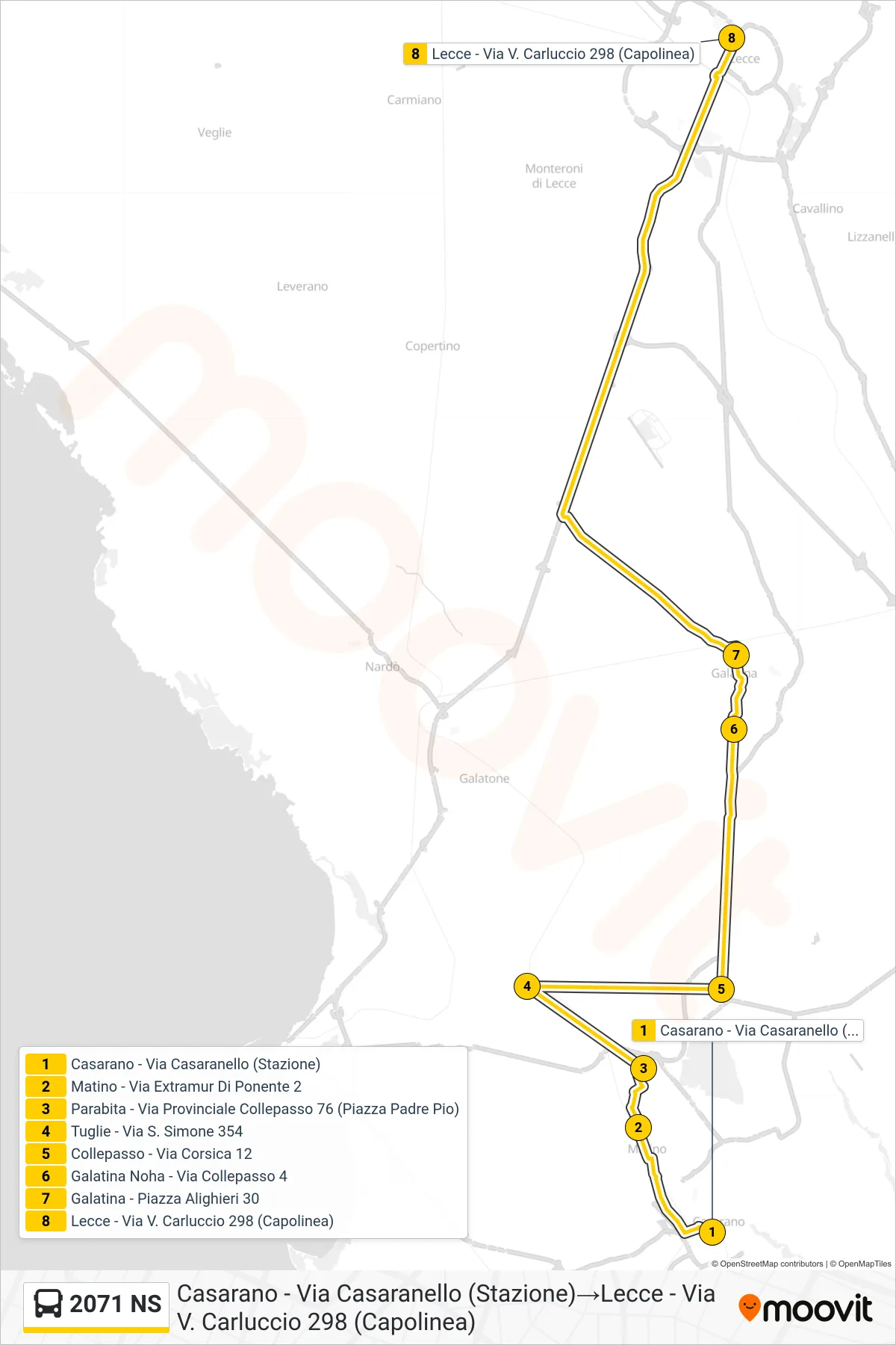 Linea 2071 NS bus (Casarano - Via Casaranello (Stazione)→Lecce - Via V. Carluccio 298 (Capolinea)) - Percorsi e fermate sulla mappa