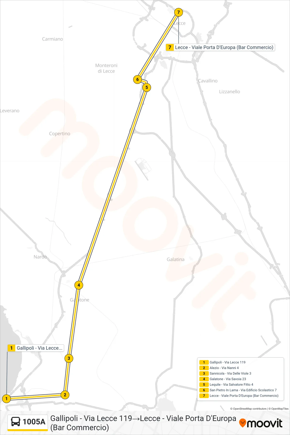 Linea 1005A bus (Gallipoli - Via Lecce 119→Lecce - Viale Porta D'Europa (Bar Commercio)) - Percorsi e fermate sulla mappa