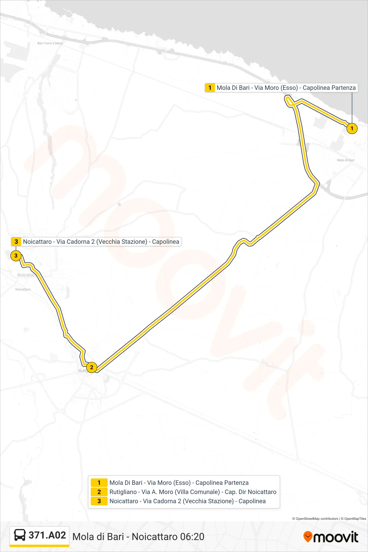 Linea 371.A02 bus (Mola Di Bari - Via Moro (Esso) - Capolinea Partenza→Noicattaro - Via Cadorna 2 (Vecchia Stazione) - Capolinea) - Percorsi e fermate sulla mappa
