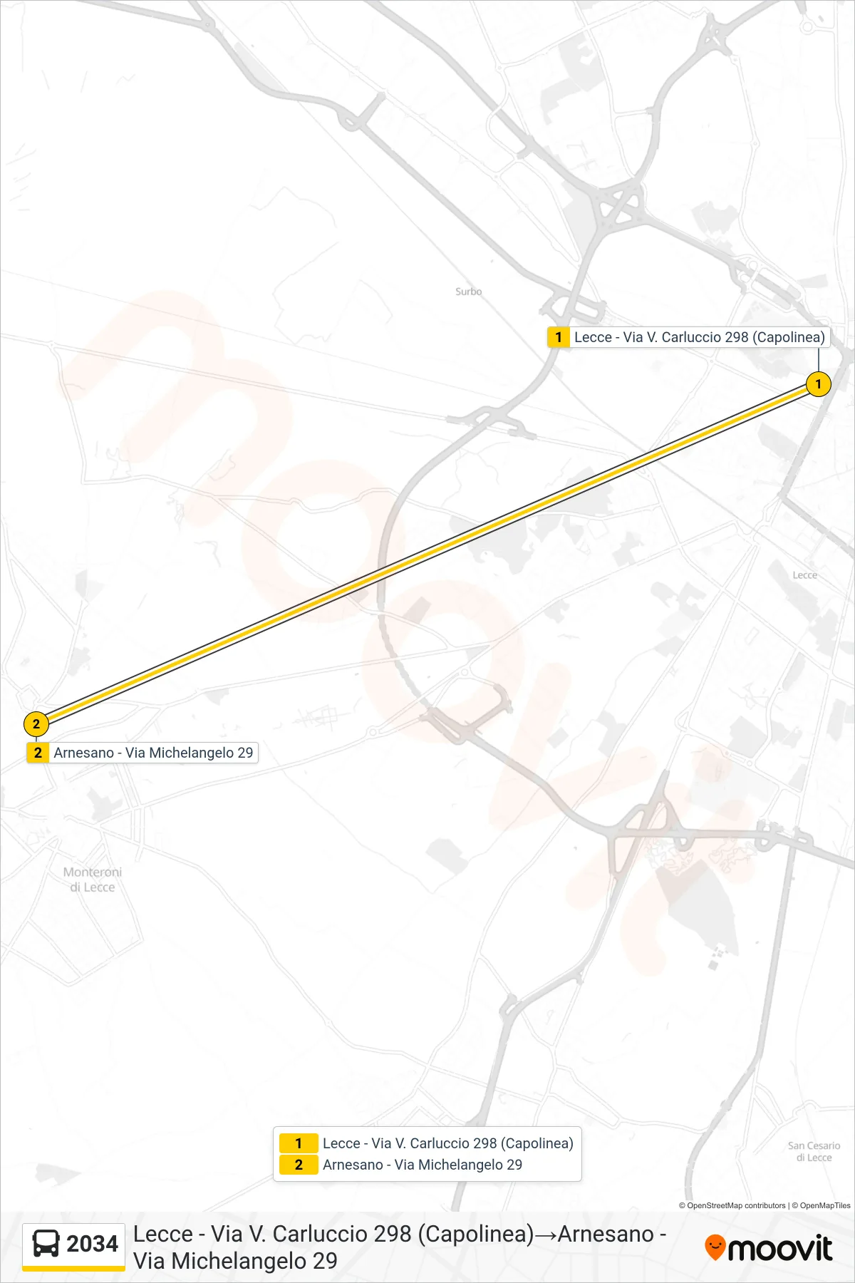 Linea 2034  bus (Lecce - Via V. Carluccio 298 (Capolinea)‎→Arnesano - Via Michelangelo 29) - Percorsi e fermate sulla mappa