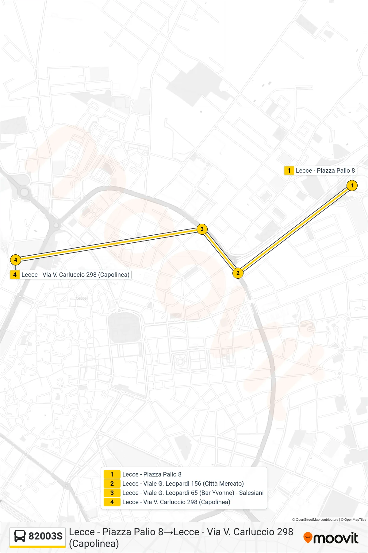 Linea 82003S bus (Lecce - Piazza Palio 8→Lecce - Via V. Carluccio 298 (Capolinea)) - Percorsi e fermate sulla mappa