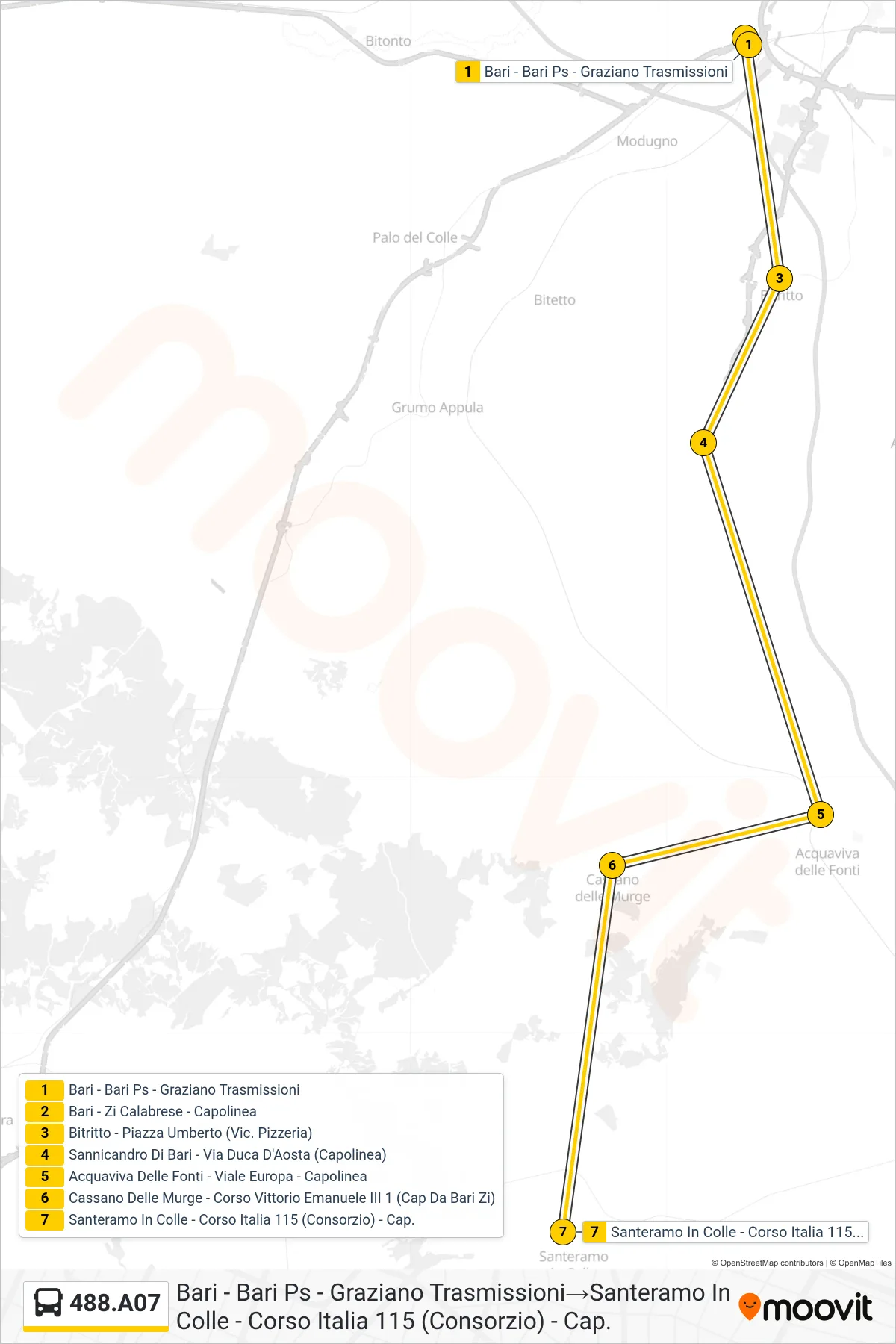 Linea 488.A07 bus (Bari - Bari Ps - Graziano Trasmissioni→Santeramo In Colle - Corso Italia 115 (Consorzio) - Cap.) - Percorsi e fermate sulla mappa