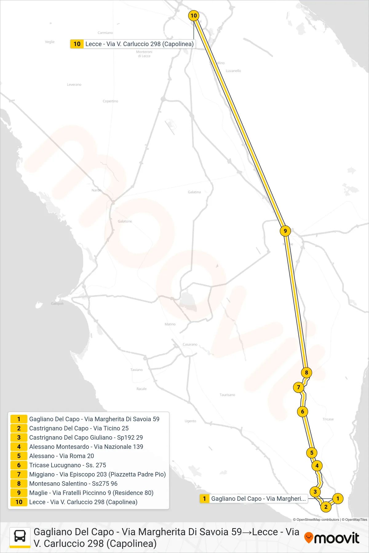 Linea 2187A - 2  bus (Gagliano Del Capo - Via Margherita Di Savoia 59‎→Lecce - Via V. Carluccio 298 (Capolinea)) - Percorsi e fermate sulla mappa
