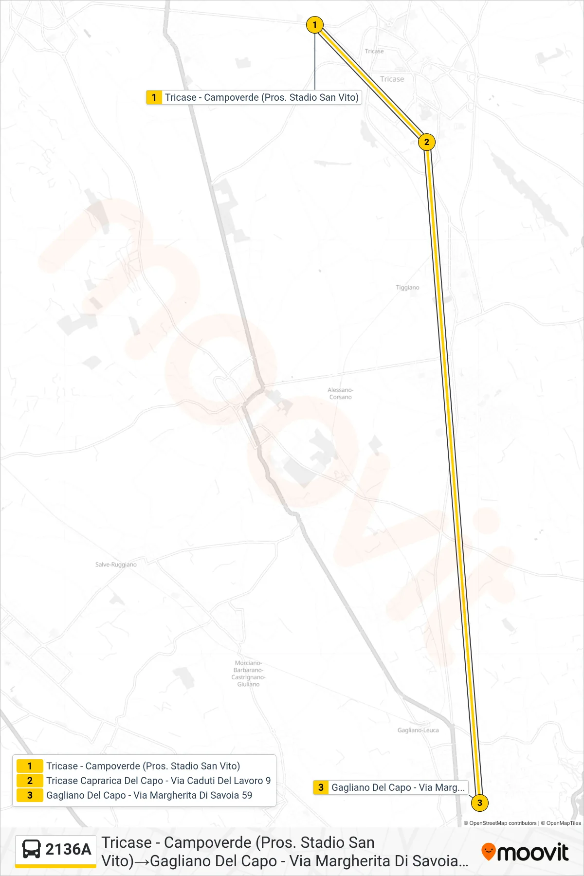 Linea 2136A  bus (Tricase - Campoverde (Pros. Stadio San Vito)‎→Gagliano Del Capo - Via Margherita Di Savoia 59) - Percorsi e fermate sulla mappa