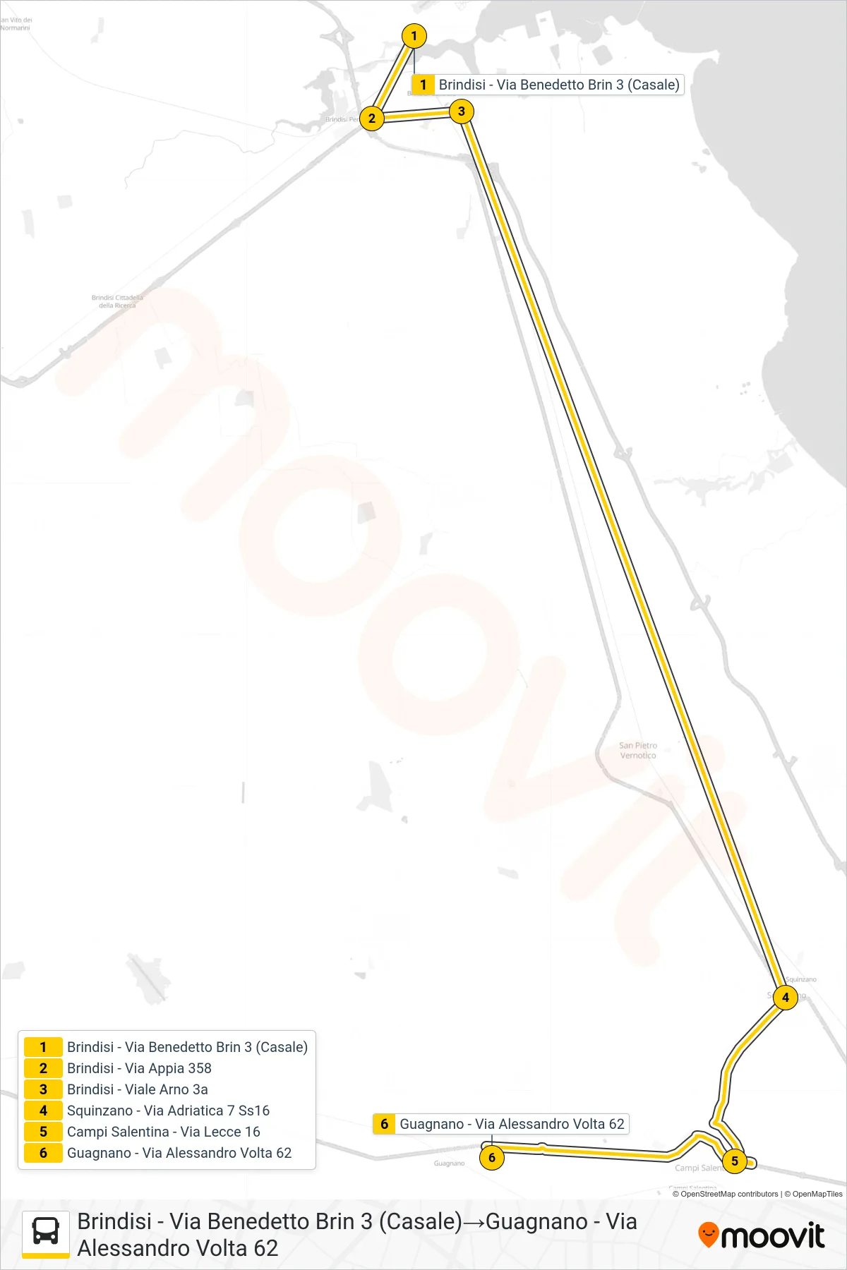 Linea 1034 - 1 bus (Brindisi - Via Benedetto Brin 3 (Casale)→Guagnano - Via Alessandro Volta 62) - Percorsi e fermate sulla mappa