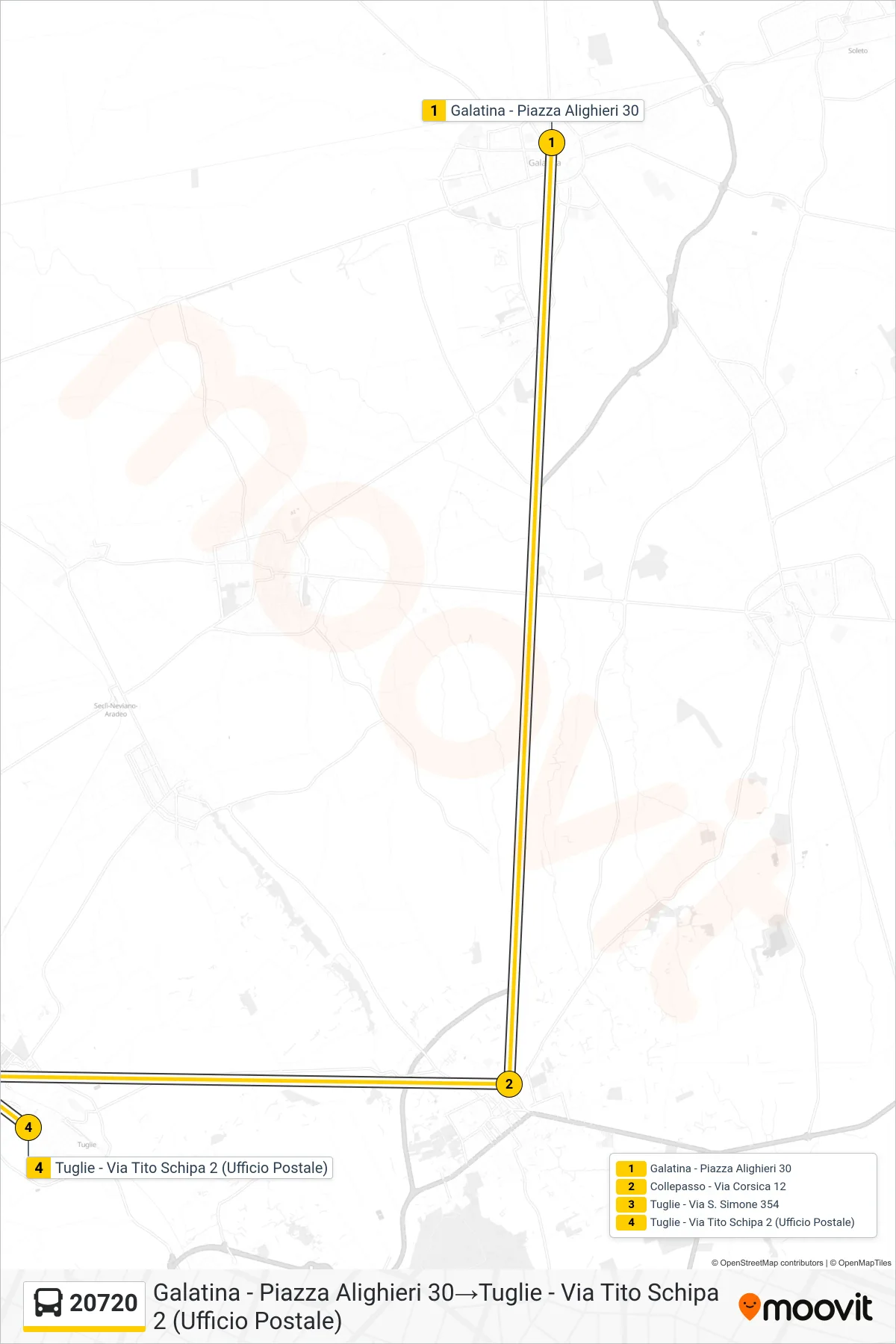 Linea 20720  bus (Galatina - Piazza Alighieri 30‎→Tuglie - Via Tito Schipa 2 (Ufficio Postale)) - Percorsi e fermate sulla mappa