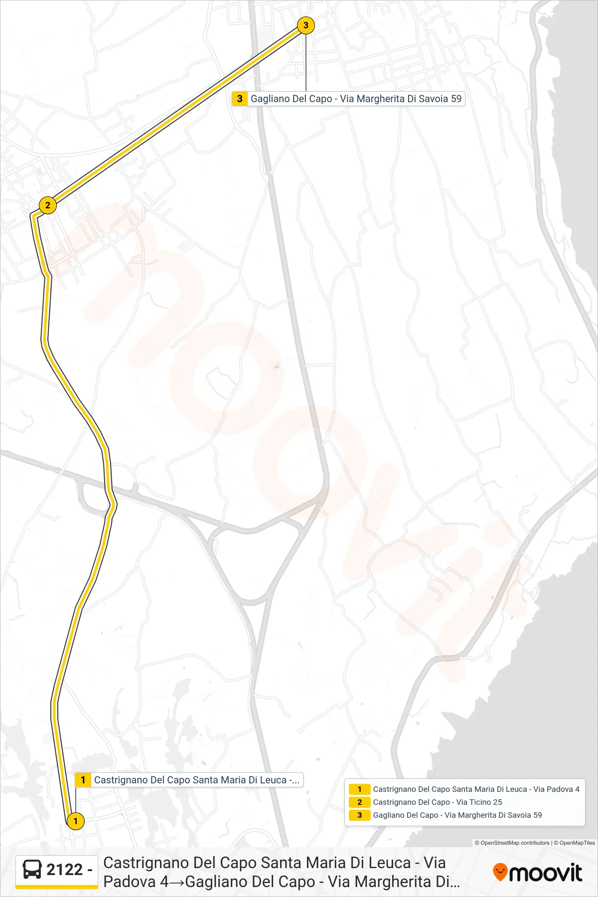 Linea 2122 - bus (Castrignano Del Capo Santa Maria Di Leuca - Via Padova 4→Gagliano Del Capo - Via Margherita Di Savoia 59) - Percorsi e fermate sulla mappa
