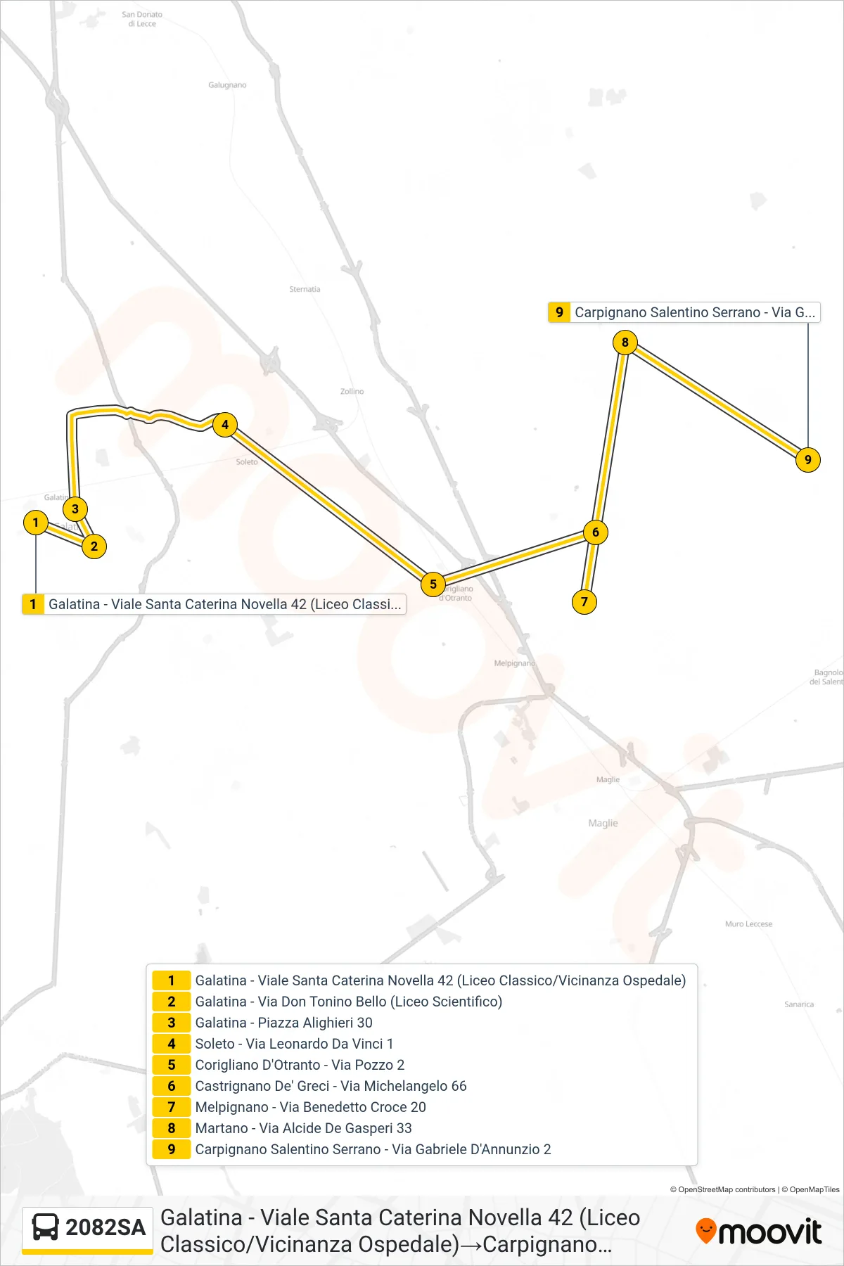 Linea 2082SA bus (Galatina - Viale Santa Caterina Novella 42 (Liceo Classico/Vicinanza Ospedale)→Carpignano Salentino Serrano - Via Gabriele D'Annunzio 2) - Percorsi e fermate sulla mappa