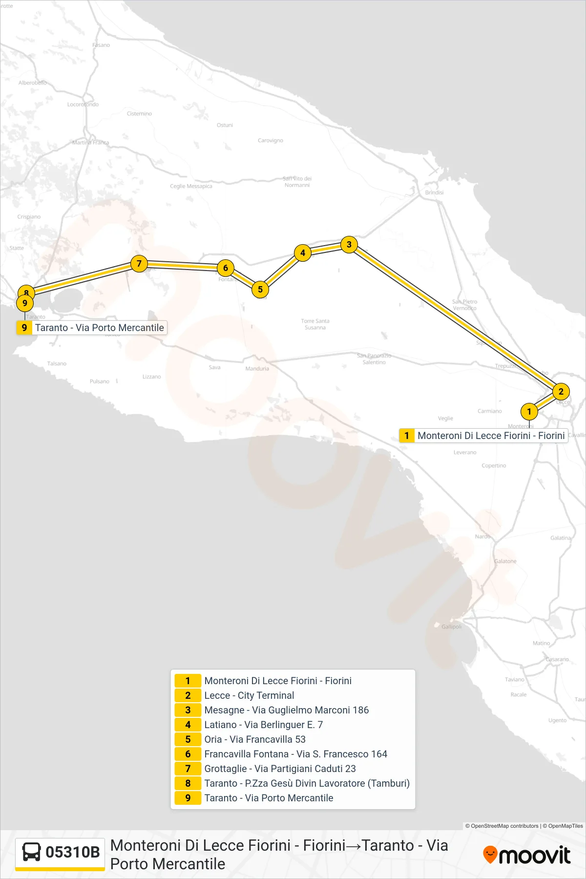 Linea 05310B  bus (Monteroni Di Lecce Fiorini - Fiorini‎→Taranto - Via Porto Mercantile) - Percorsi e fermate sulla mappa