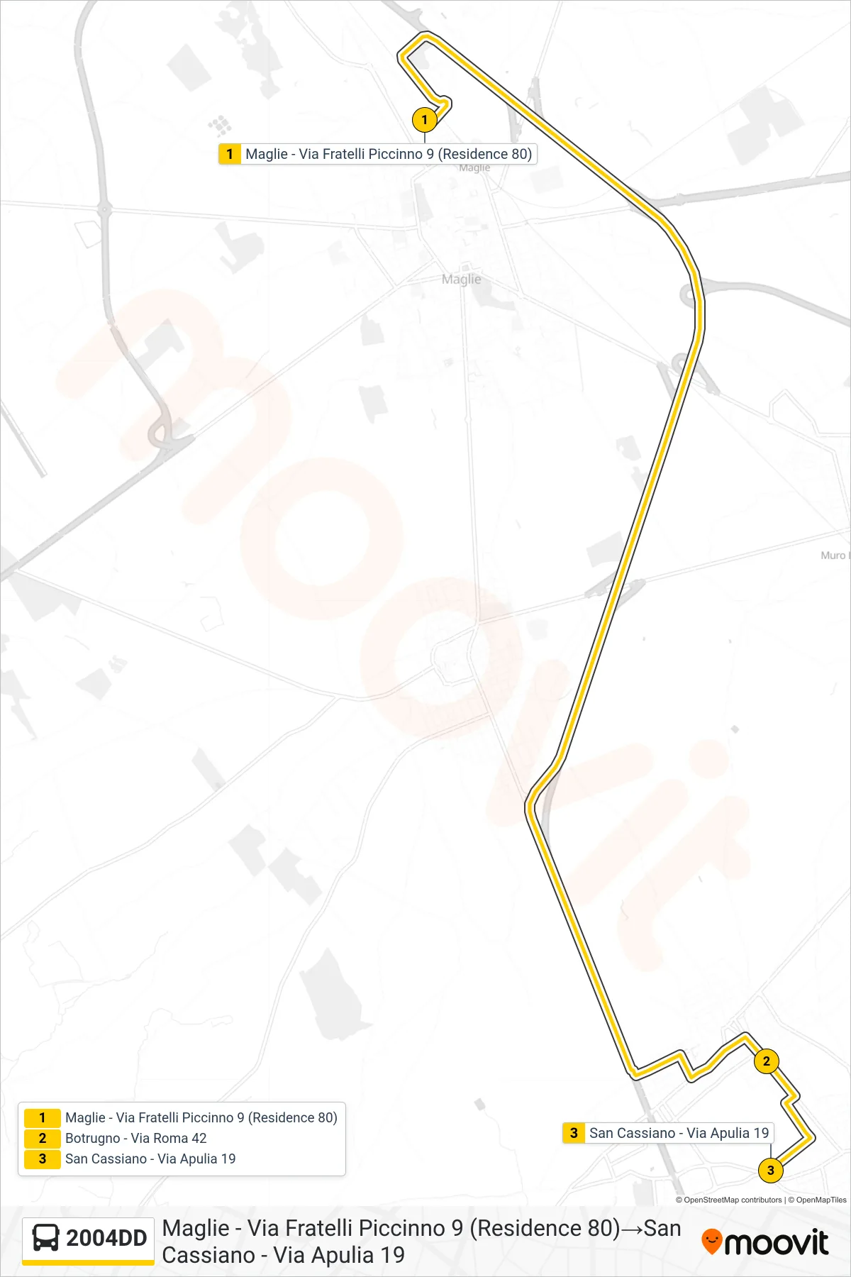 Linea 2004DD bus (Maglie - Via Fratelli Piccinno 9 (Residence 80)→San Cassiano - Via Apulia 19) - Percorsi e fermate sulla mappa