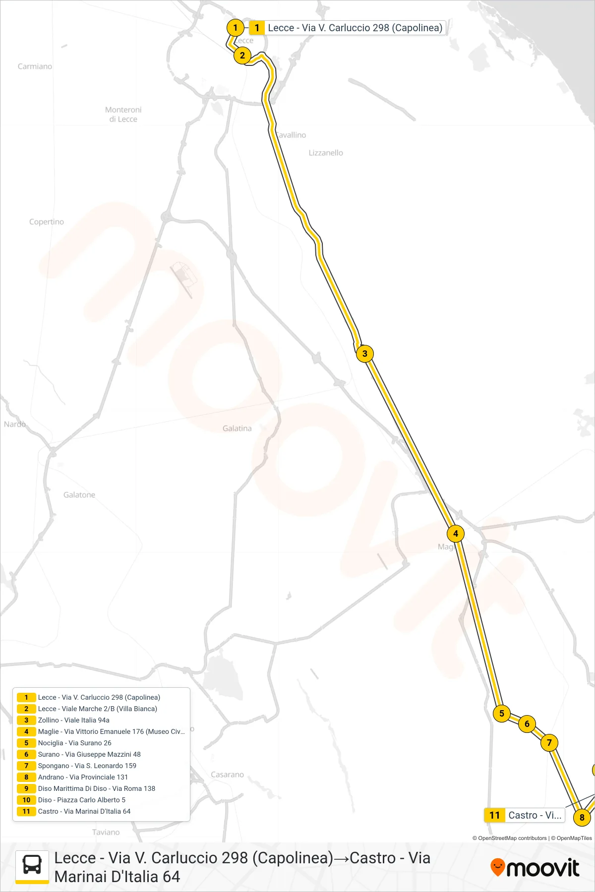 Linea 0082 - F bus (Lecce - Via V. Carluccio 298 (Capolinea)→Castro - Via Marinai D'Italia 64) - Percorsi e fermate sulla mappa