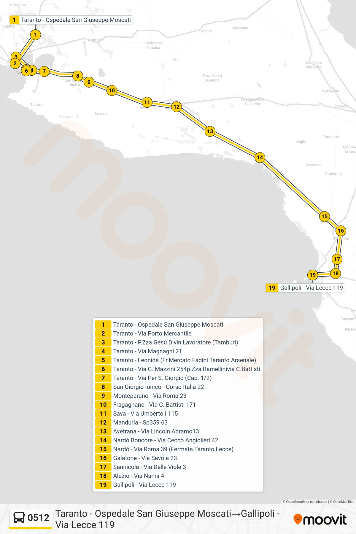 Linea 0512  bus (Taranto - Ospedale San Giuseppe Moscati‎→Gallipoli - Via Lecce 119) - Percorsi e fermate sulla mappa