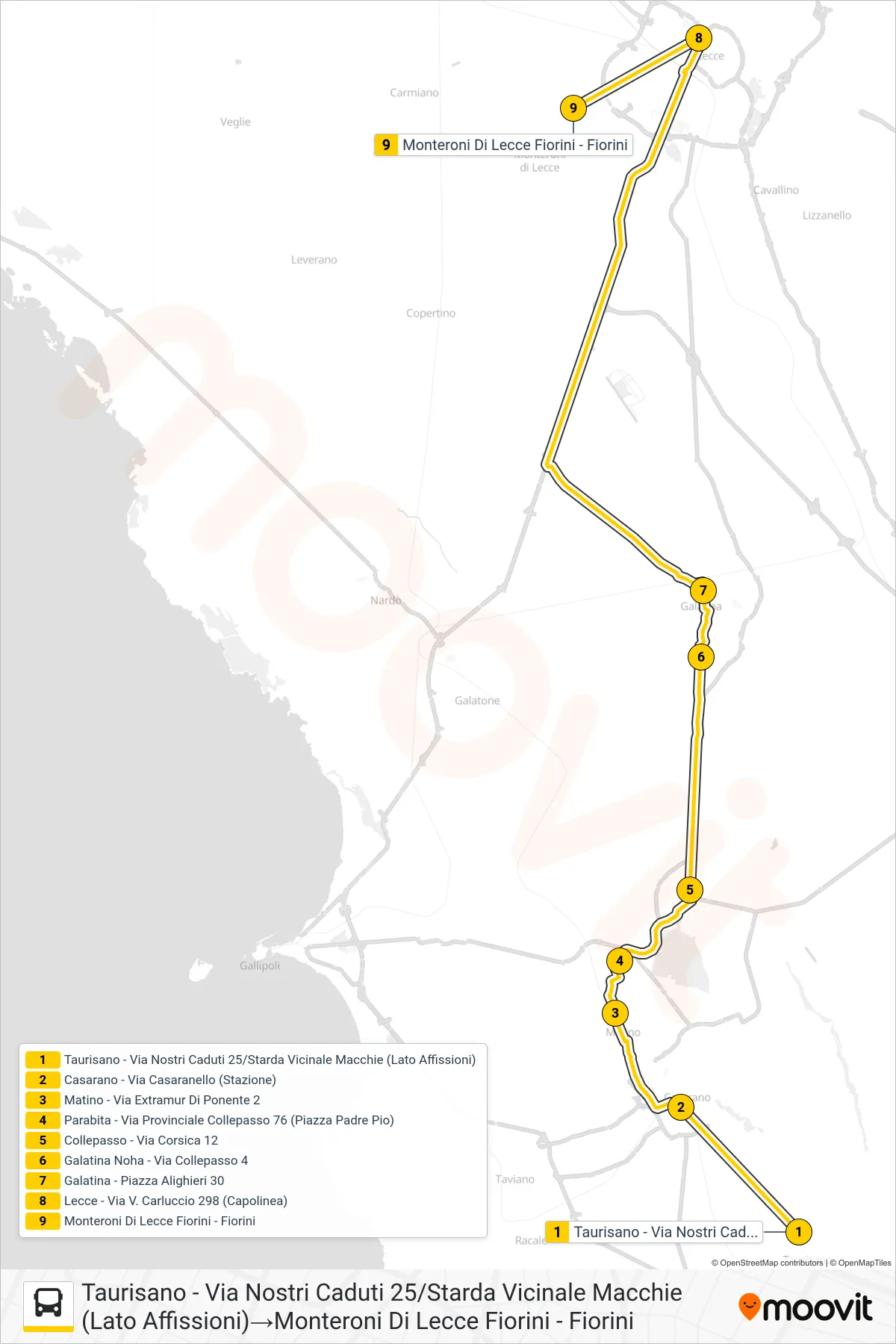 Linea 2079D - NS bus (Taurisano - Via Nostri Caduti 25/Starda Vicinale Macchie (Lato Affissioni)→Monteroni Di Lecce Fiorini - Fiorini) - Percorsi e fermate sulla mappa