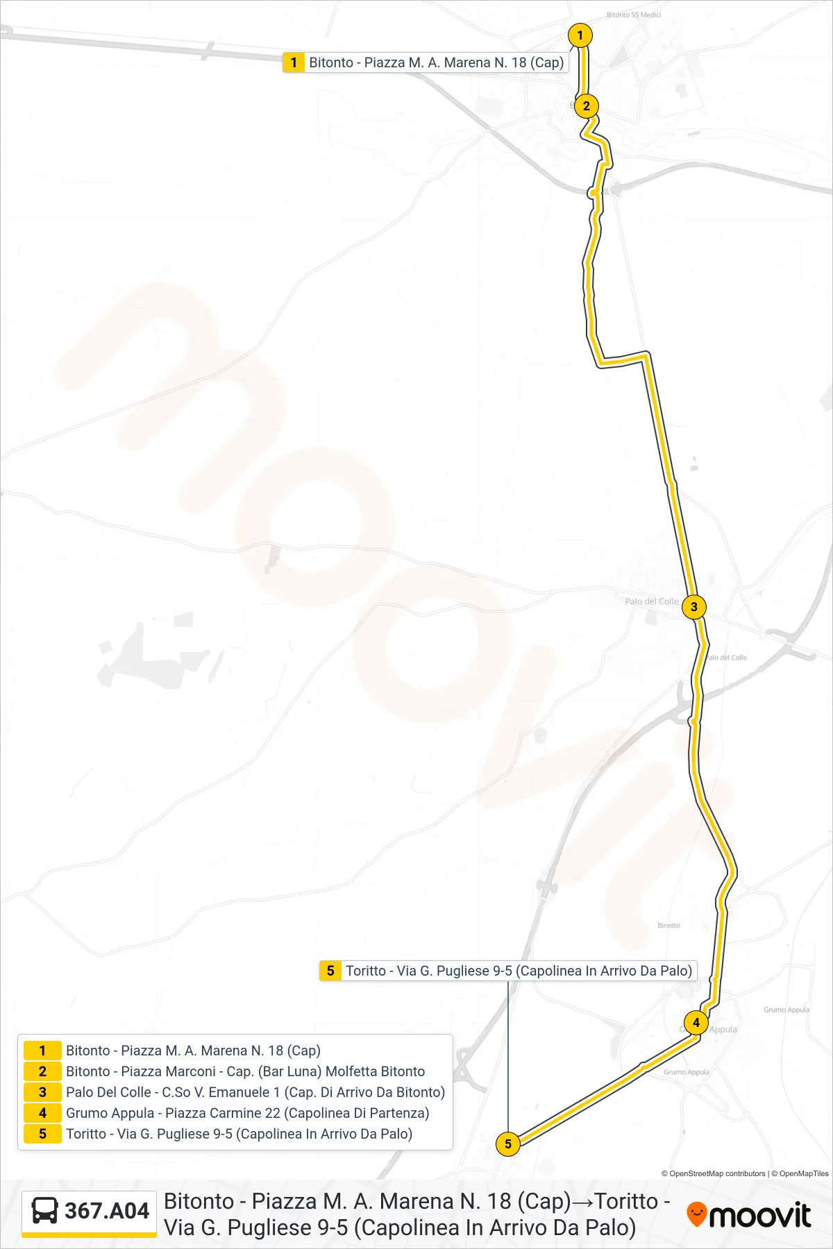 Linea 367.A04 bus (Bitonto - Piazza M. A. Marena N. 18 (Cap)→Toritto - Via G. Pugliese 9-5 (Capolinea In Arrivo Da Palo)) - Percorsi e fermate sulla mappa