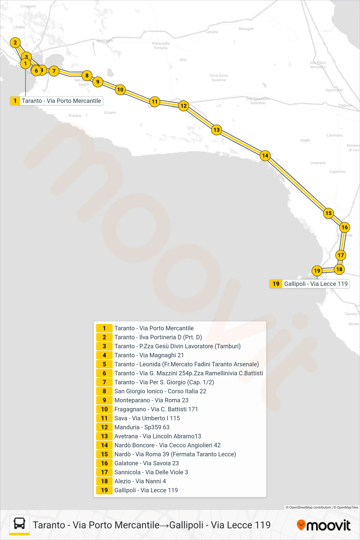 Linea 0522 - L-V - bus (Taranto - Via Porto Mercantile→Gallipoli - Via Lecce 119) - Percorsi e fermate sulla mappa