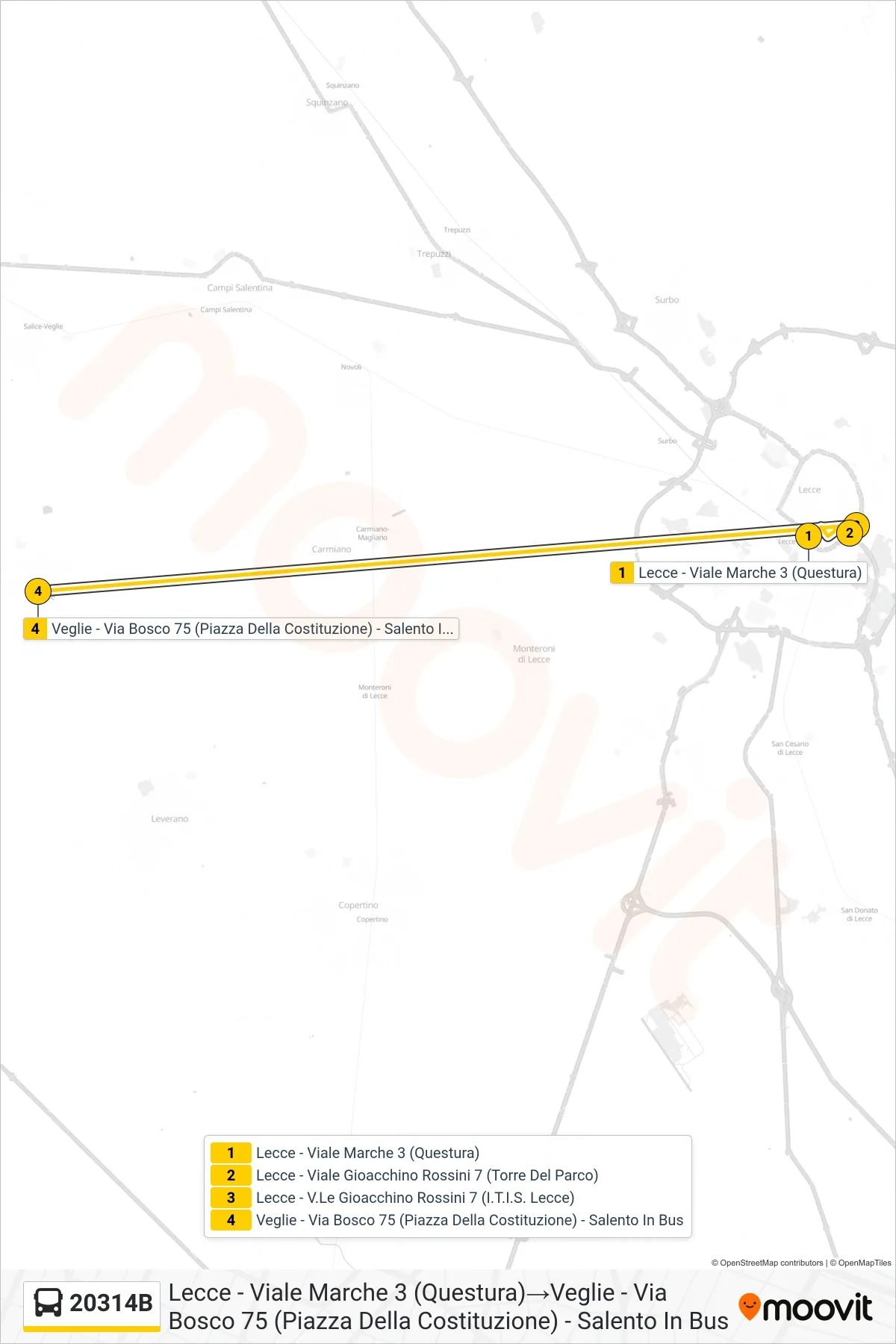 Linea 20314B bus (Lecce - Viale Marche 3 (Questura)→Veglie - Via Bosco 75 (Piazza Della Costituzione) - Salento In Bus) - Percorsi e fermate sulla mappa