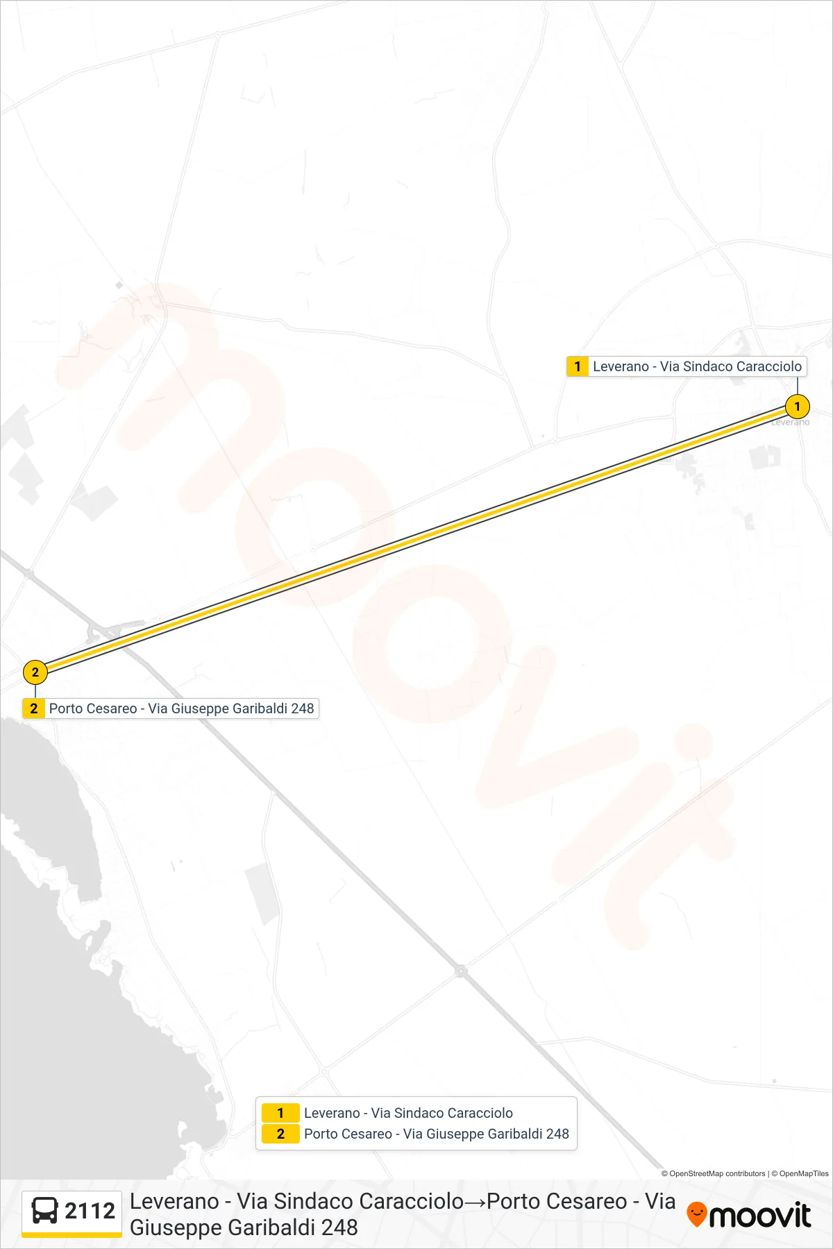 Linea 2112 bus (Leverano - Via Sindaco Caracciolo→Porto Cesareo - Via Giuseppe Garibaldi 248) - Percorsi e fermate sulla mappa