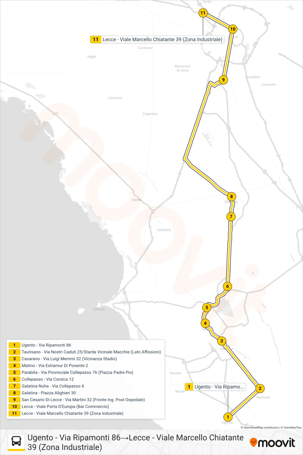 Linea 0015 - F  bus (Ugento - Via Ripamonti 86‎→Lecce - Viale Marcello Chiatante 39 (Zona Industriale)) - Percorsi e fermate sulla mappa