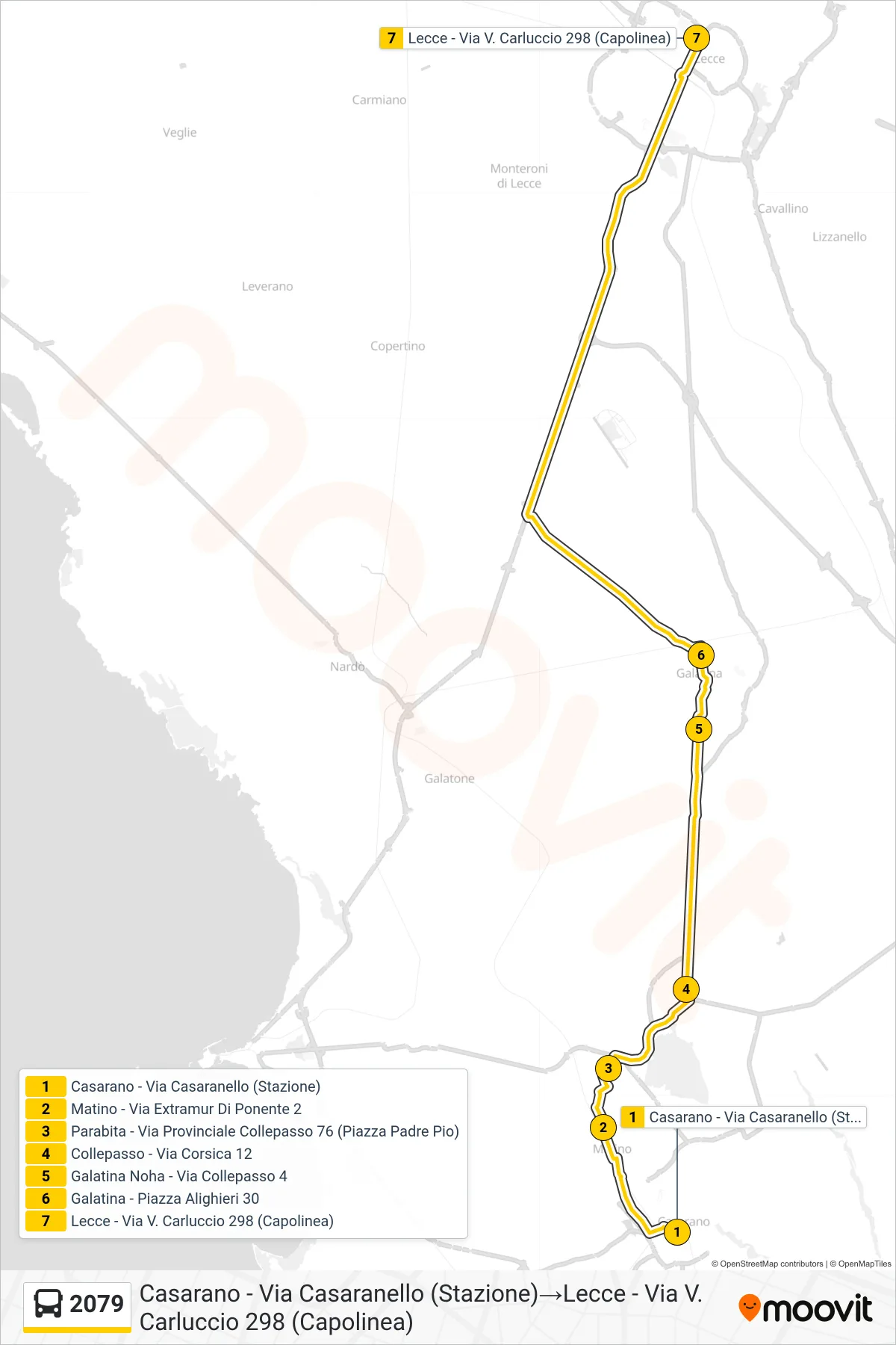 Linea 2079 bus (Casarano - Via Casaranello (Stazione)→Lecce - Via V. Carluccio 298 (Capolinea)) - Percorsi e fermate sulla mappa