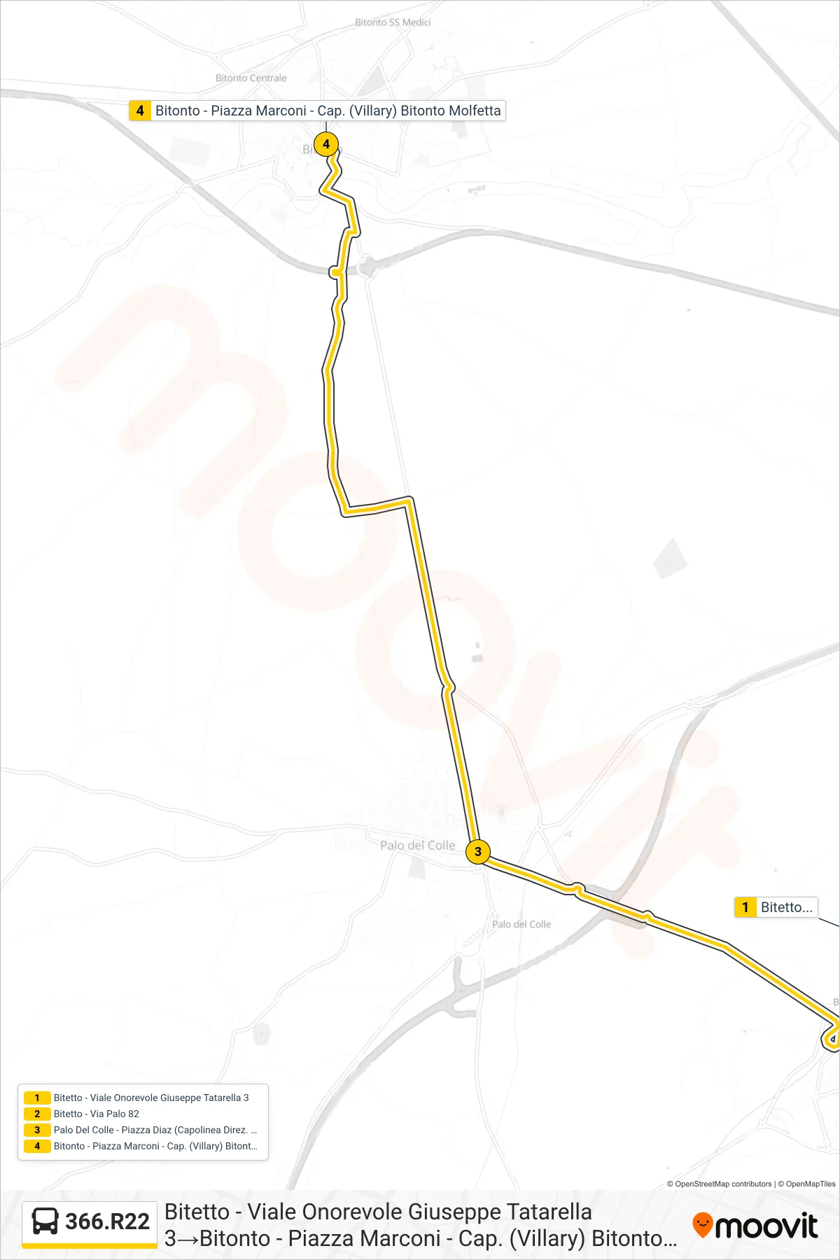 Linea 366.R22 bus (Bitetto - Viale Onorevole Giuseppe Tatarella 3→Bitonto - Piazza Marconi - Cap. (Villary) Bitonto Molfetta) - Percorsi e fermate sulla mappa
