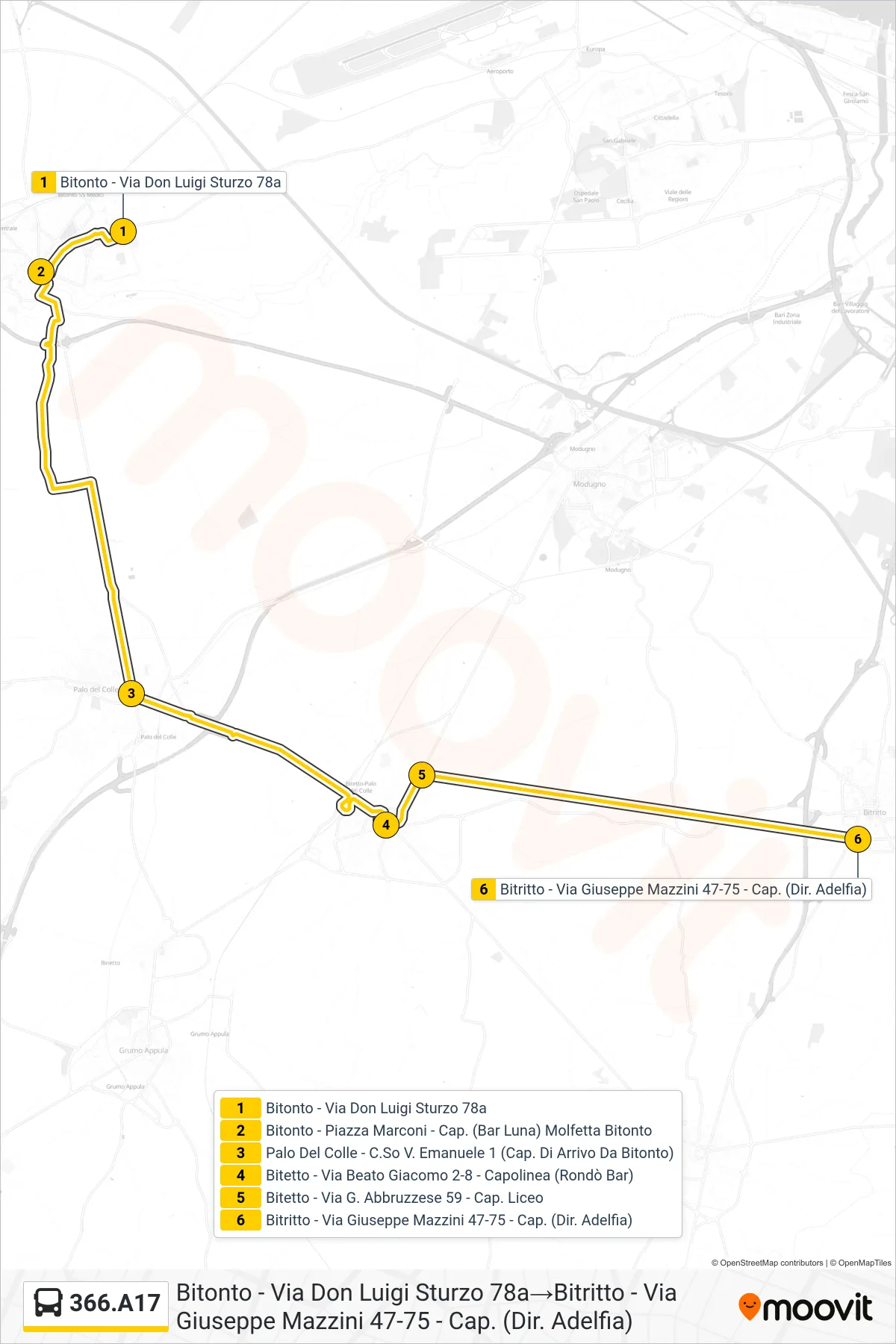 Linea 366.A17 bus (Bitonto - Via Don Luigi Sturzo 78a→Bitritto - Via Giuseppe Mazzini 47-75 - Cap. (Dir. Adelfia)) - Percorsi e fermate sulla mappa