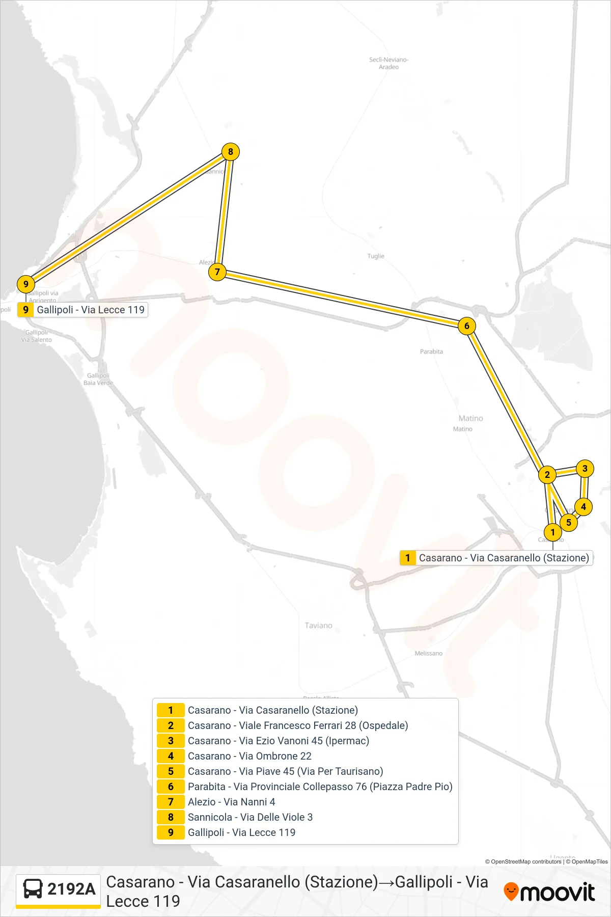 Linea 2192A bus (Casarano - Via Casaranello (Stazione)→Gallipoli - Via Lecce 119) - Percorsi e fermate sulla mappa