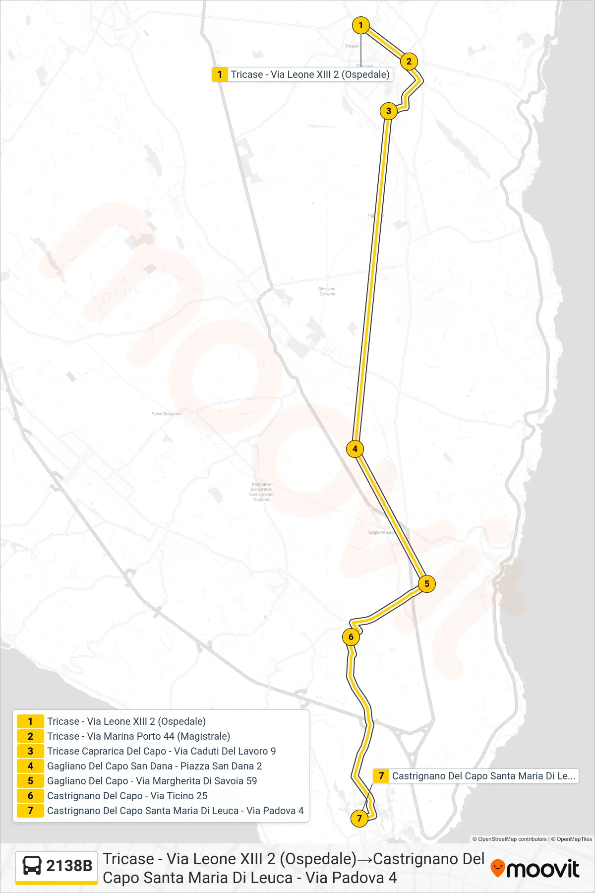 Linea 2138B  bus (Tricase - Via Leone XIII 2 (Ospedale)‎→Castrignano Del Capo Santa Maria Di Leuca - Via Padova 4) - Percorsi e fermate sulla mappa
