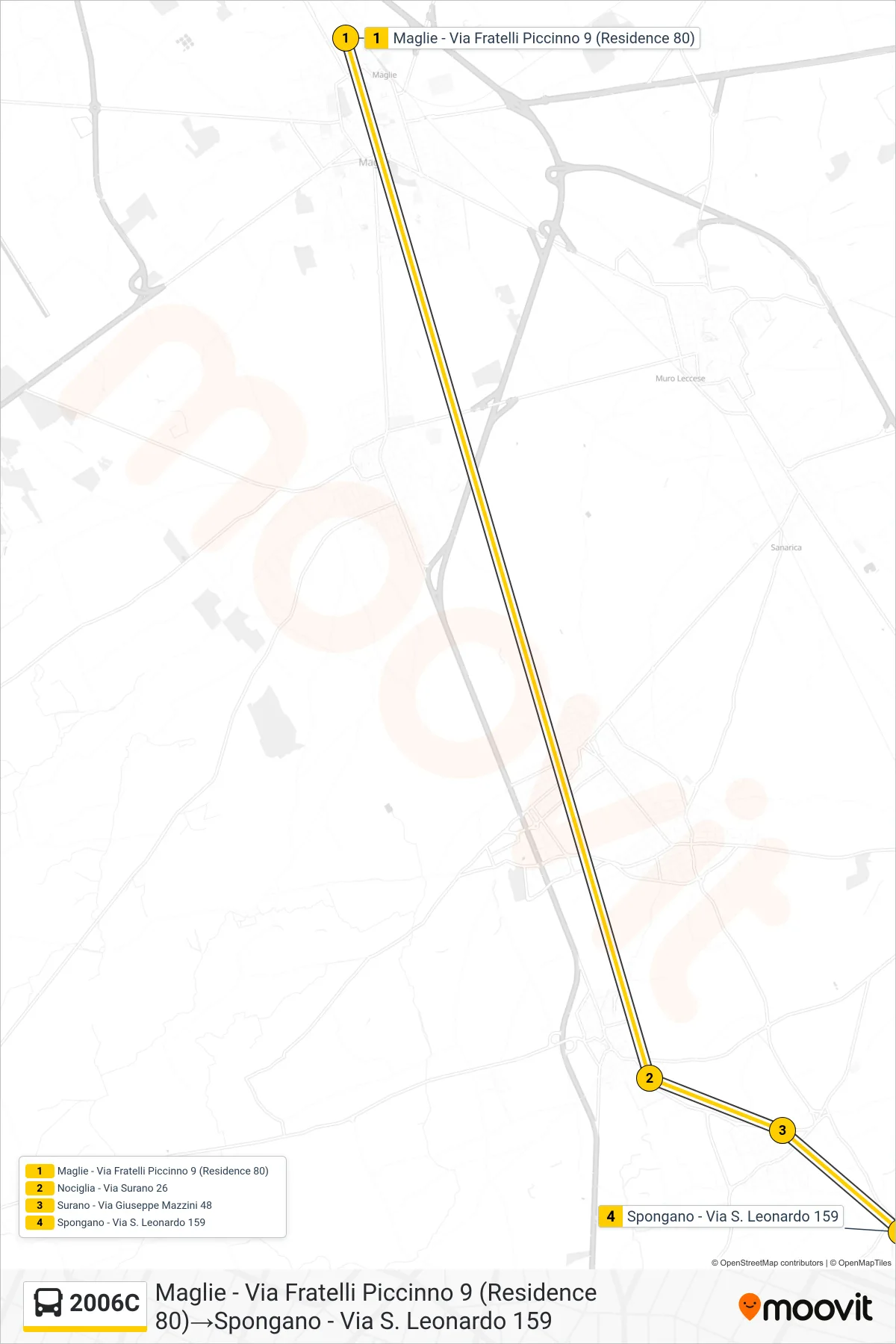 Linea 2006C  bus (Maglie - Via Fratelli Piccinno 9 (Residence 80)‎→Spongano - Via S. Leonardo 159) - Percorsi e fermate sulla mappa