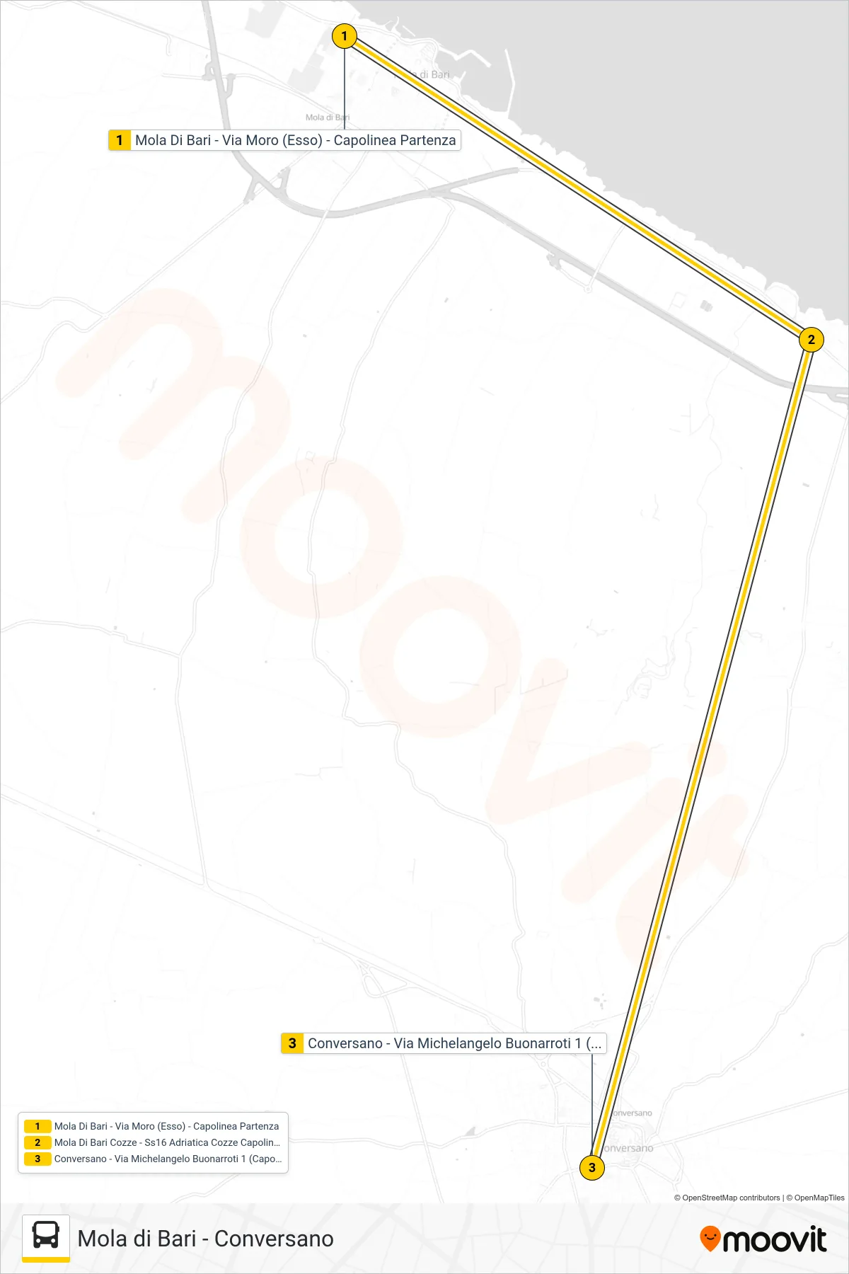 Linea 370.NSA080  bus (Mola Di Bari - Via Moro (Esso) - Capolinea Partenza‎→Conversano - Via Michelangelo Buonarroti 1 (Capolinea Ospedale)) - Percorsi e fermate sulla mappa