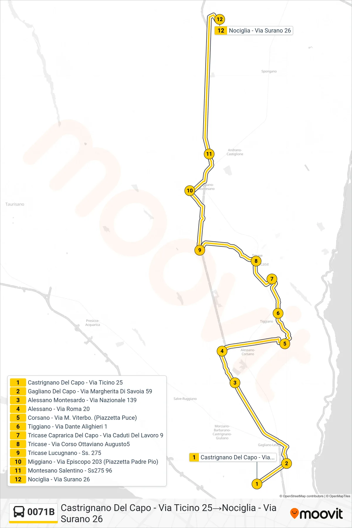 Linea 0071B bus (Castrignano Del Capo - Via Ticino 25→Nociglia - Via Surano 26) - Percorsi e fermate sulla mappa