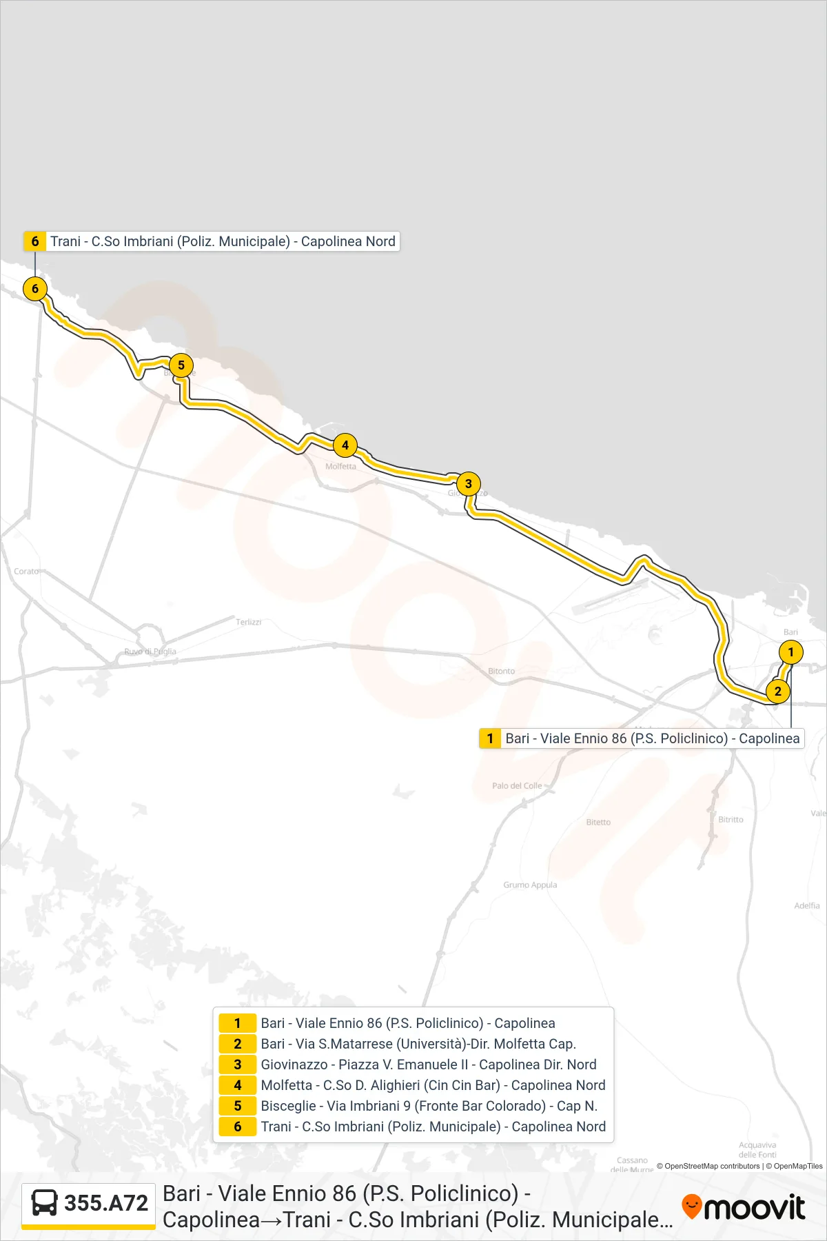 Linea 355.A72 bus (Bari - Viale Ennio 86 (P.S. Policlinico) - Capolinea→Trani - C.So Imbriani (Poliz. Municipale) - Capolinea Nord) - Percorsi e fermate sulla mappa