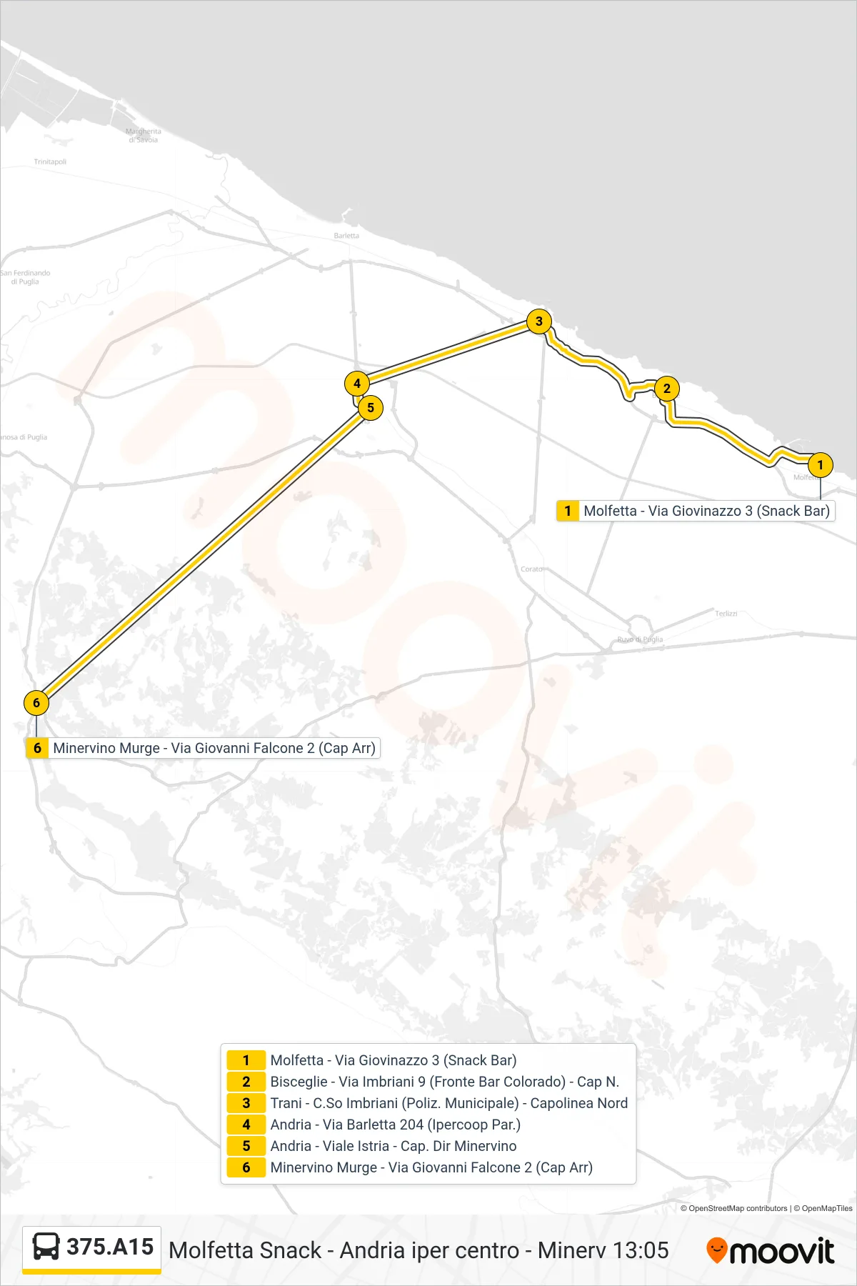 Linea 375.A15 bus (Molfetta - Via Giovinazzo 3 (Snack Bar)→Minervino Murge - Via Giovanni Falcone 2 (Cap Arr)) - Percorsi e fermate sulla mappa