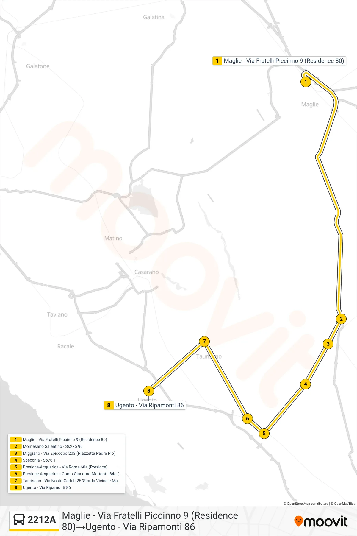 Linea 2212A bus (Maglie - Via Fratelli Piccinno 9 (Residence 80)→Ugento - Via Ripamonti 86) - Percorsi e fermate sulla mappa