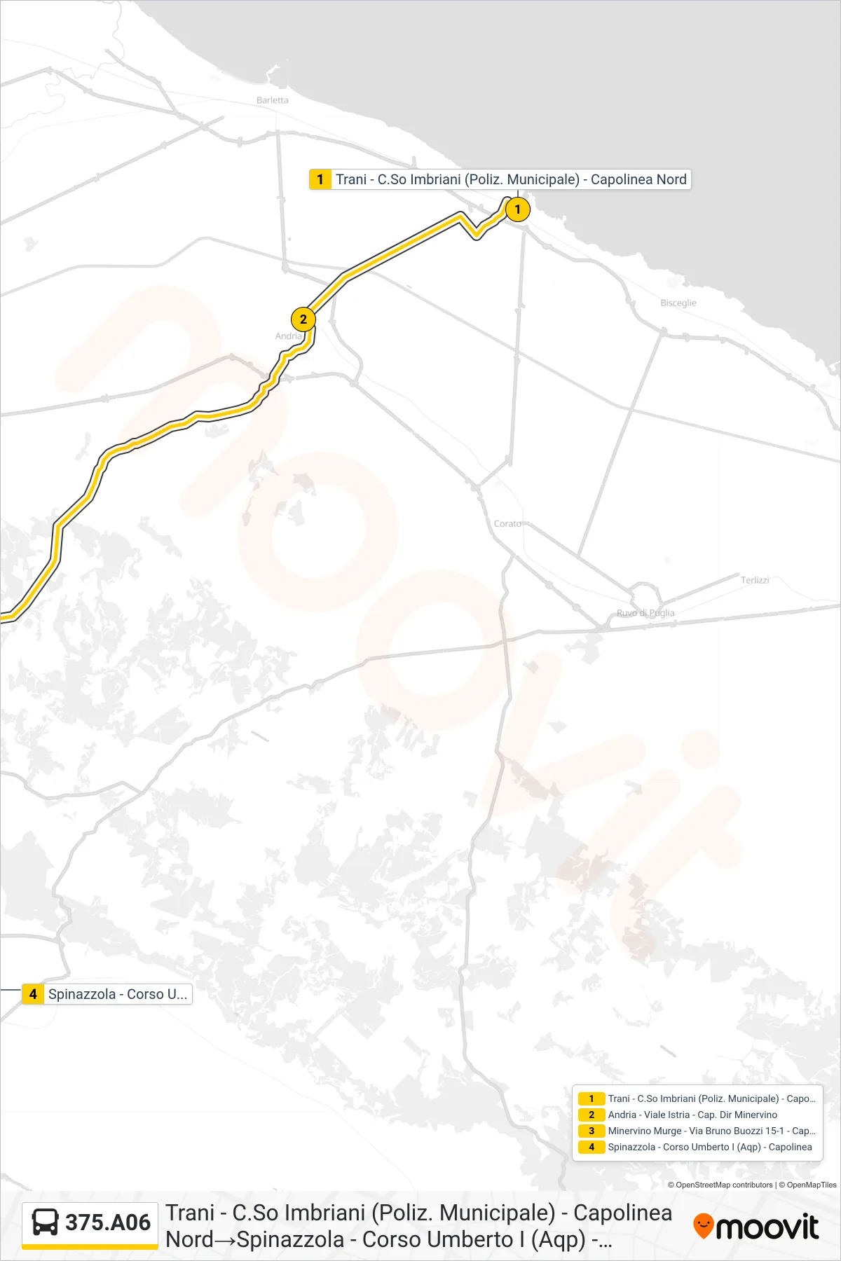 Linea 375.A06  bus (Trani - C.So Imbriani (Poliz. Municipale) - Capolinea Nord‎→Spinazzola - Corso Umberto I (Aqp) - Capolinea) - Percorsi e fermate sulla mappa