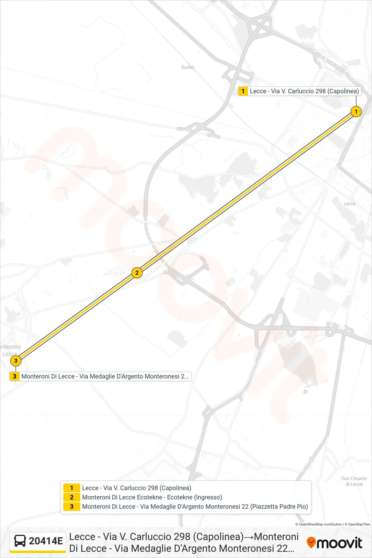 Linea 20414E bus (Lecce - Via V. Carluccio 298 (Capolinea)→Monteroni Di Lecce - Via Medaglie D'Argento Monteronesi 22 (Piazzetta Padre Pio)) - Percorsi e fermate sulla mappa