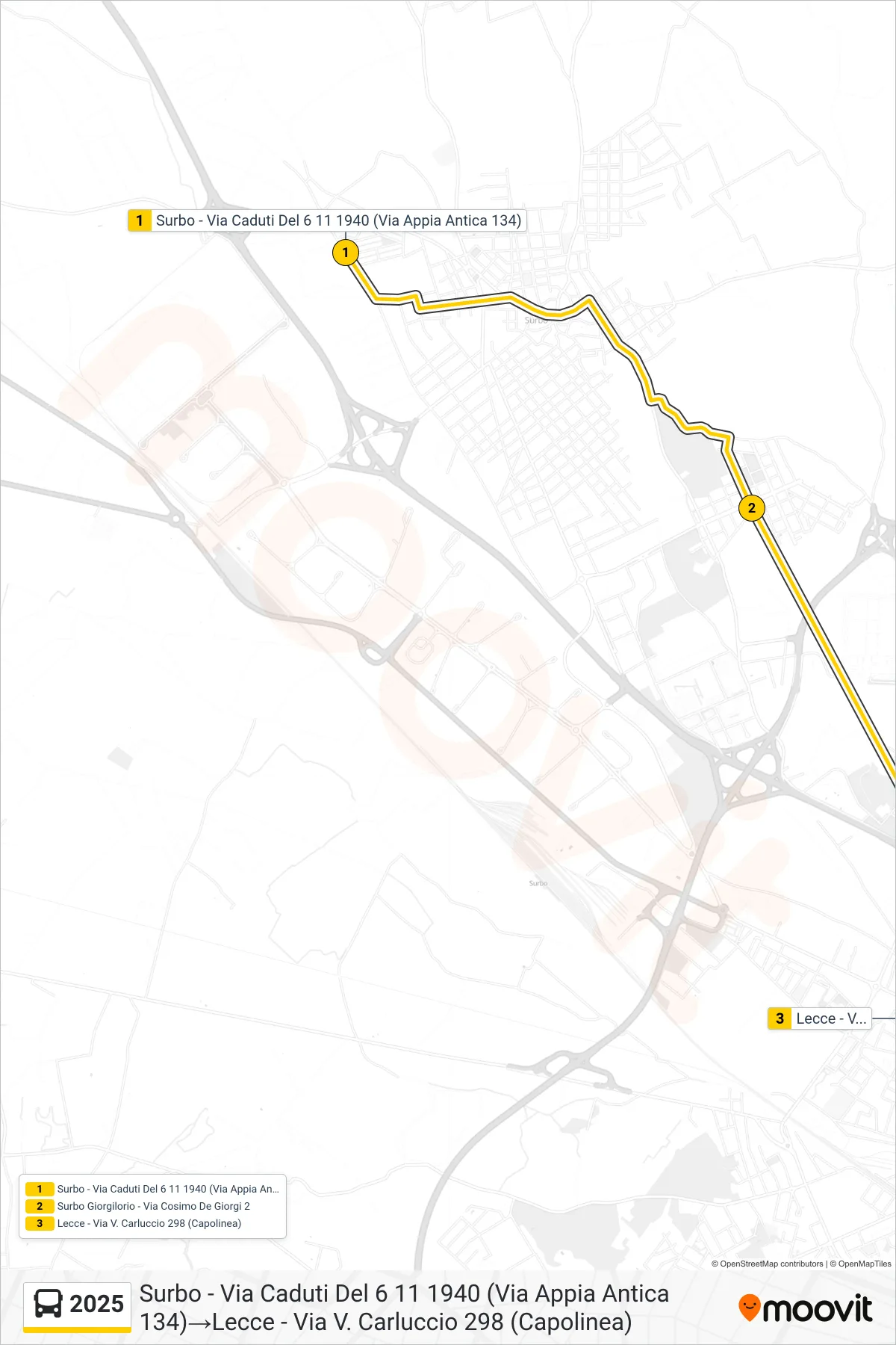 Linea 2025 bus (Surbo - Via Caduti Del 6 11 1940 (Via Appia Antica 134)→Lecce - Via V. Carluccio 298 (Capolinea)) - Percorsi e fermate sulla mappa