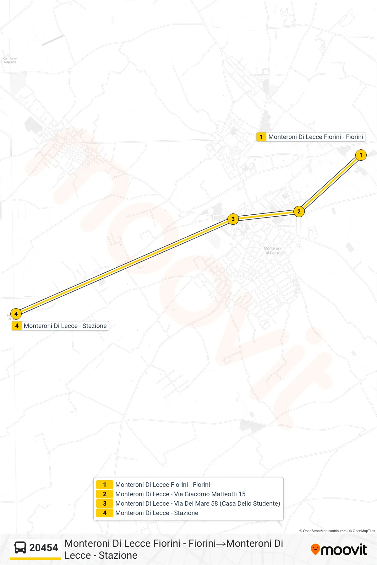 Linea 20454 bus (Monteroni Di Lecce Fiorini - Fiorini→Monteroni Di Lecce - Stazione) - Percorsi e fermate sulla mappa