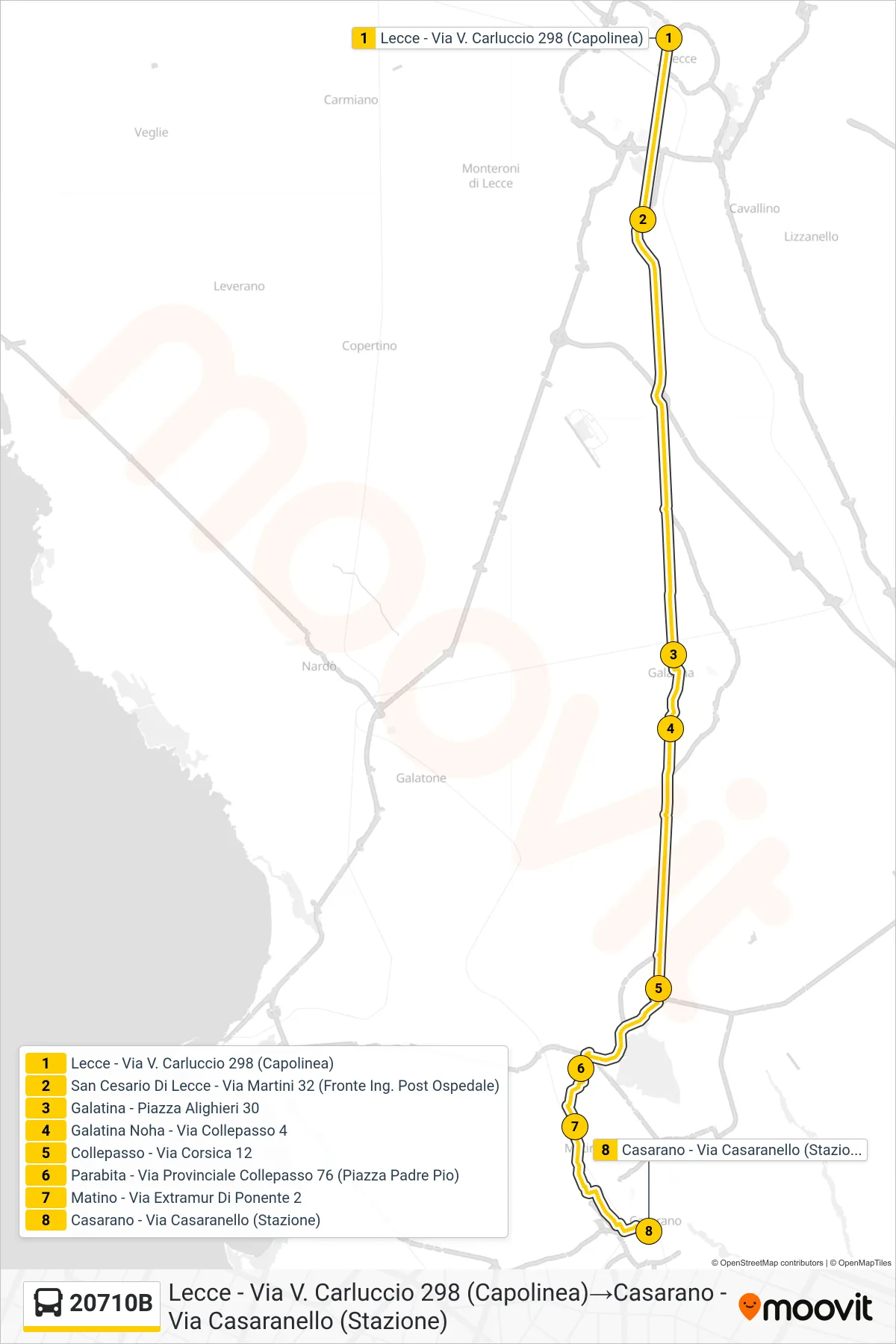 Linea 20710B bus (Lecce - Via V. Carluccio 298 (Capolinea)→Casarano - Via Casaranello (Stazione)) - Percorsi e fermate sulla mappa